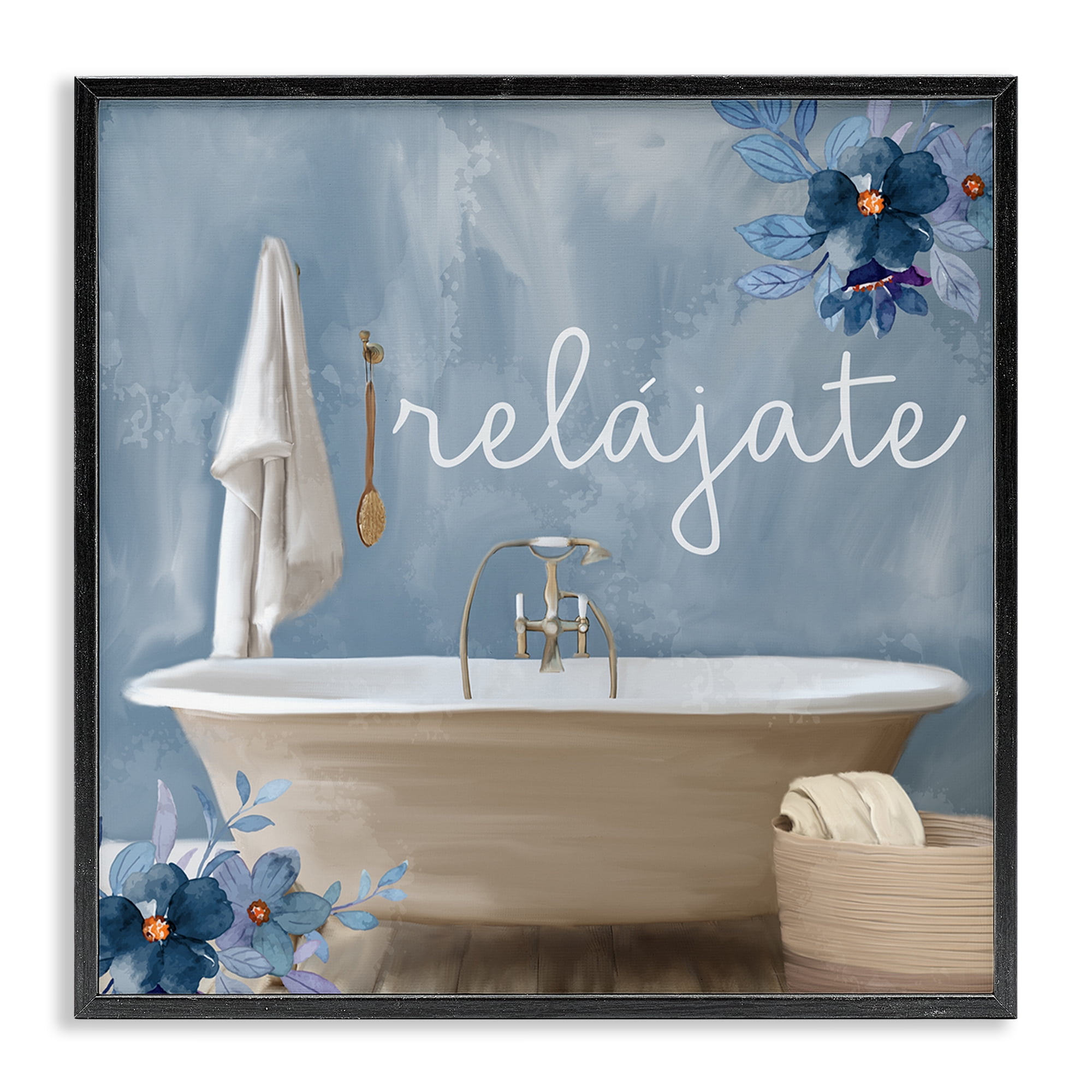 Stupell Industries Relájate con Baño Floral Bath & Laundry Painting Black Framed Art Print Wall Art, 12 x 12