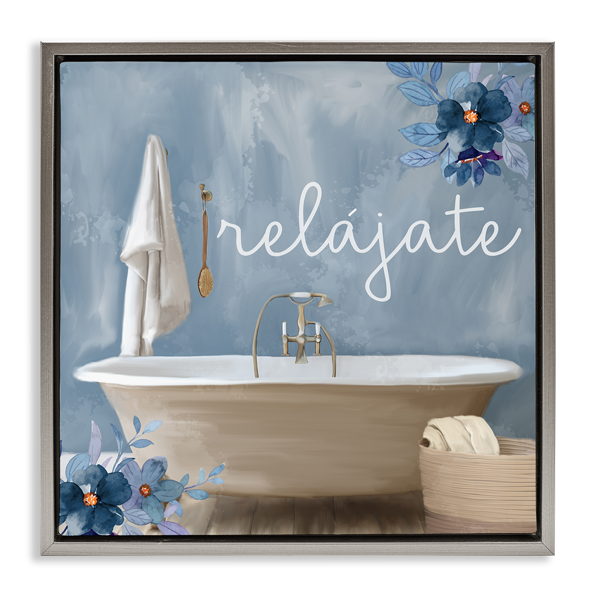 Stupell Industries Relájate con Baño Floral Bath & Laundry Painting Gray Floater Framed Art Print Wall Art, 25 x 25