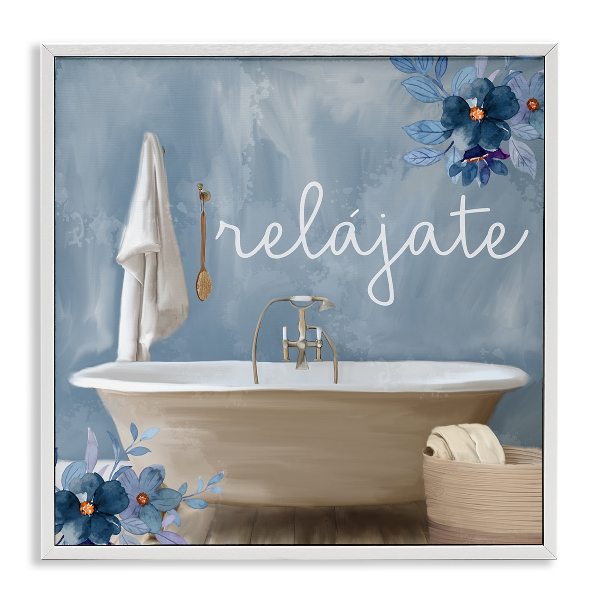 Stupell Industries Relájate con Baño Floral Bath & Laundry Painting White Framed Art Print Wall Art, 17 x 17