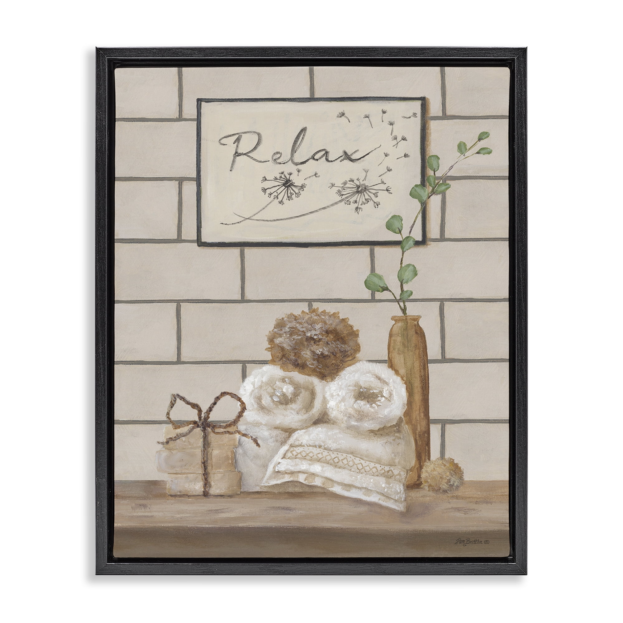 Stupell Industries Relax Bathroom Scene Typography Painting Black Floater Framed Canvas Art Print Wall Art, 17 x 21