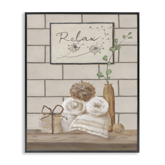 Stupell Industries Relax Bathroom Scene Typography Painting Black Framed Art Print Wall Art, 16 x 20