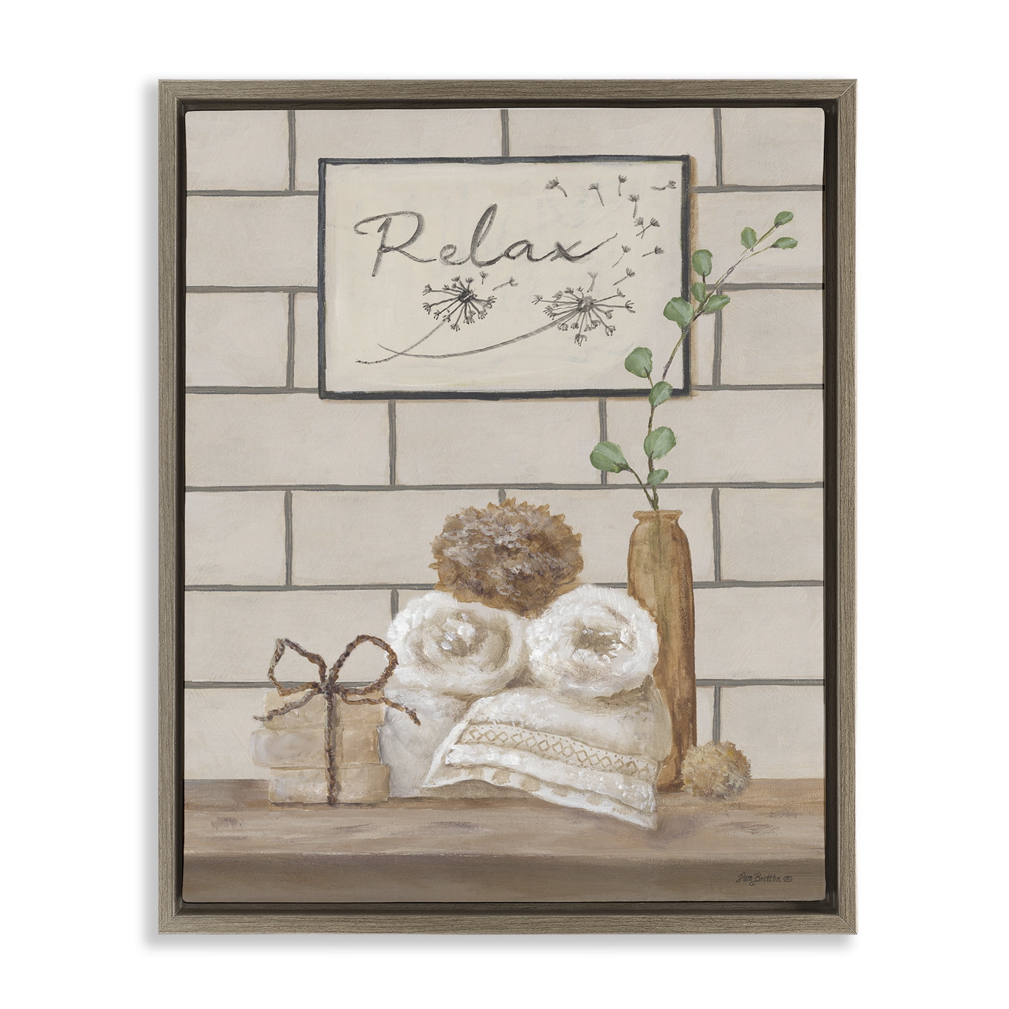 Stupell Industries Relax Bathroom Scene Typography Painting Brown Floater Framed Canvas Art Print Wall Art, 17 x 21