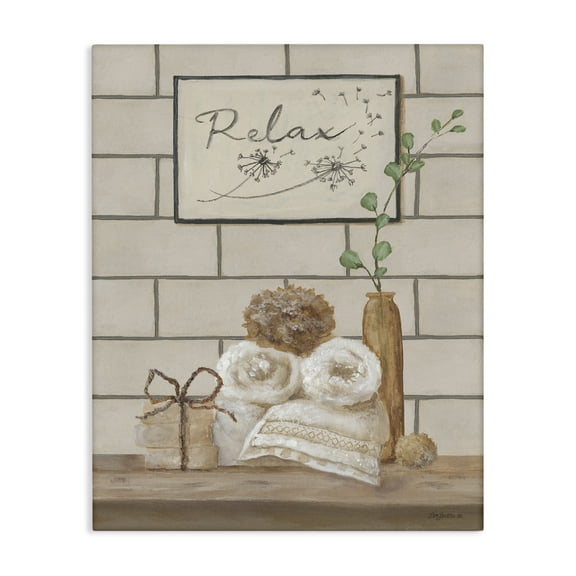 Stupell Industries Relax Bathroom Scene Typography Painting Gallery Wrapped Canvas Art Print Wall Art, 16 x 20