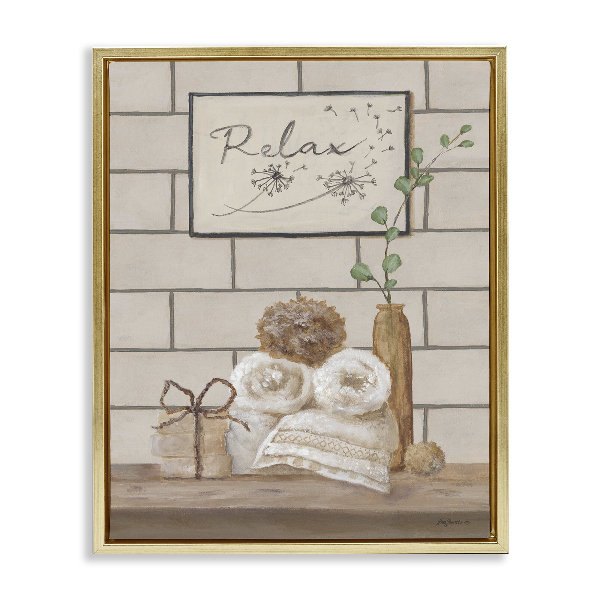 Stupell Industries Relax Bathroom Scene Typography Painting Gold Floater Framed Canvas Art Print Wall Art, 25 x 31