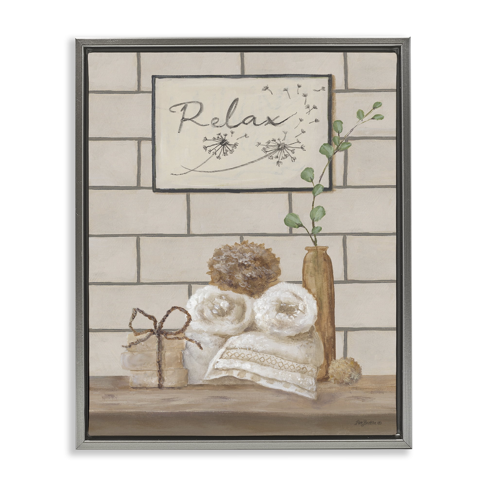 Stupell Industries Relax Bathroom Scene Typography Painting Gray Floater Framed Canvas Art Print Wall Art, 17 x 21