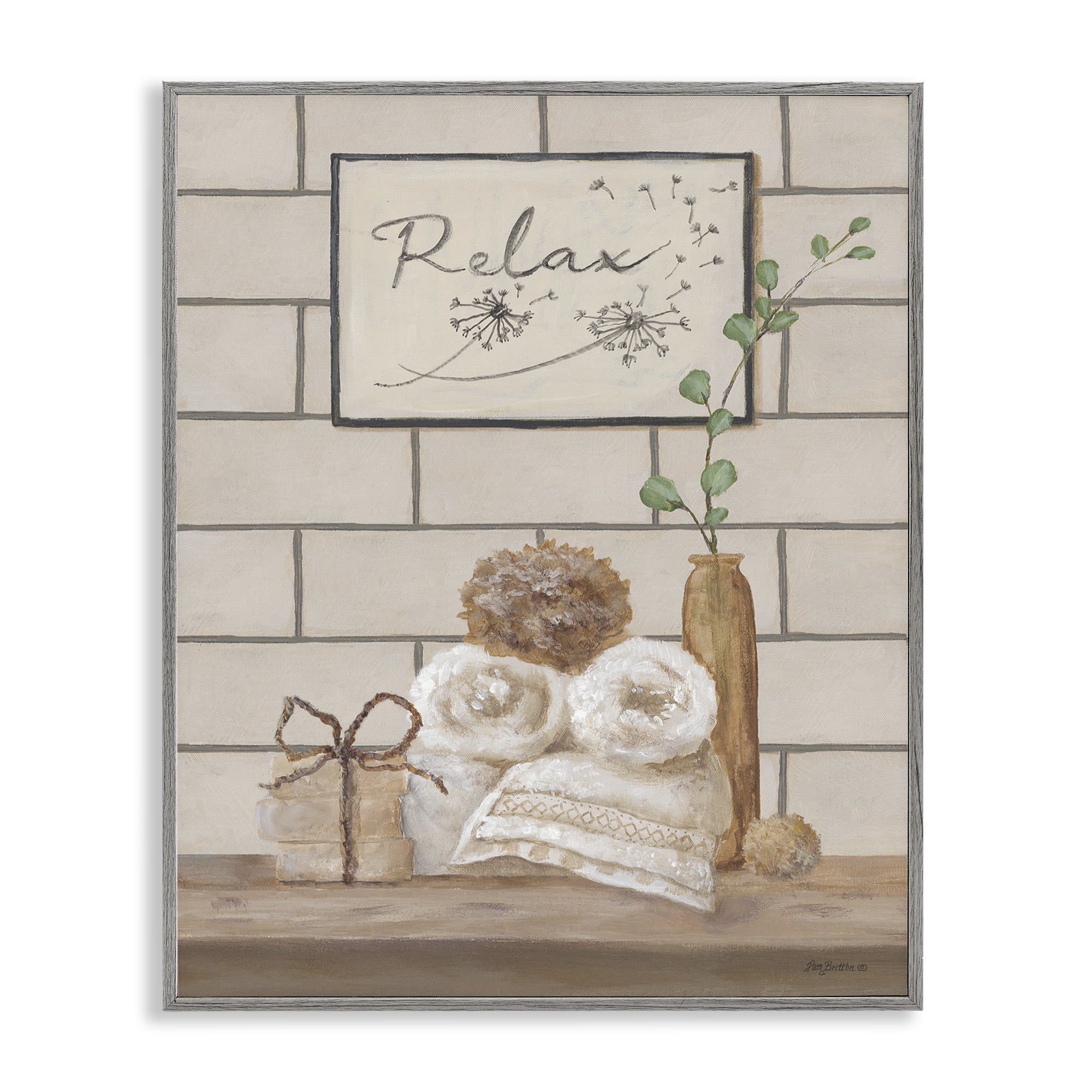 Stupell Industries Relax Bathroom Scene Typography Painting Gray Framed Art Print Wall Art, 16 x 20