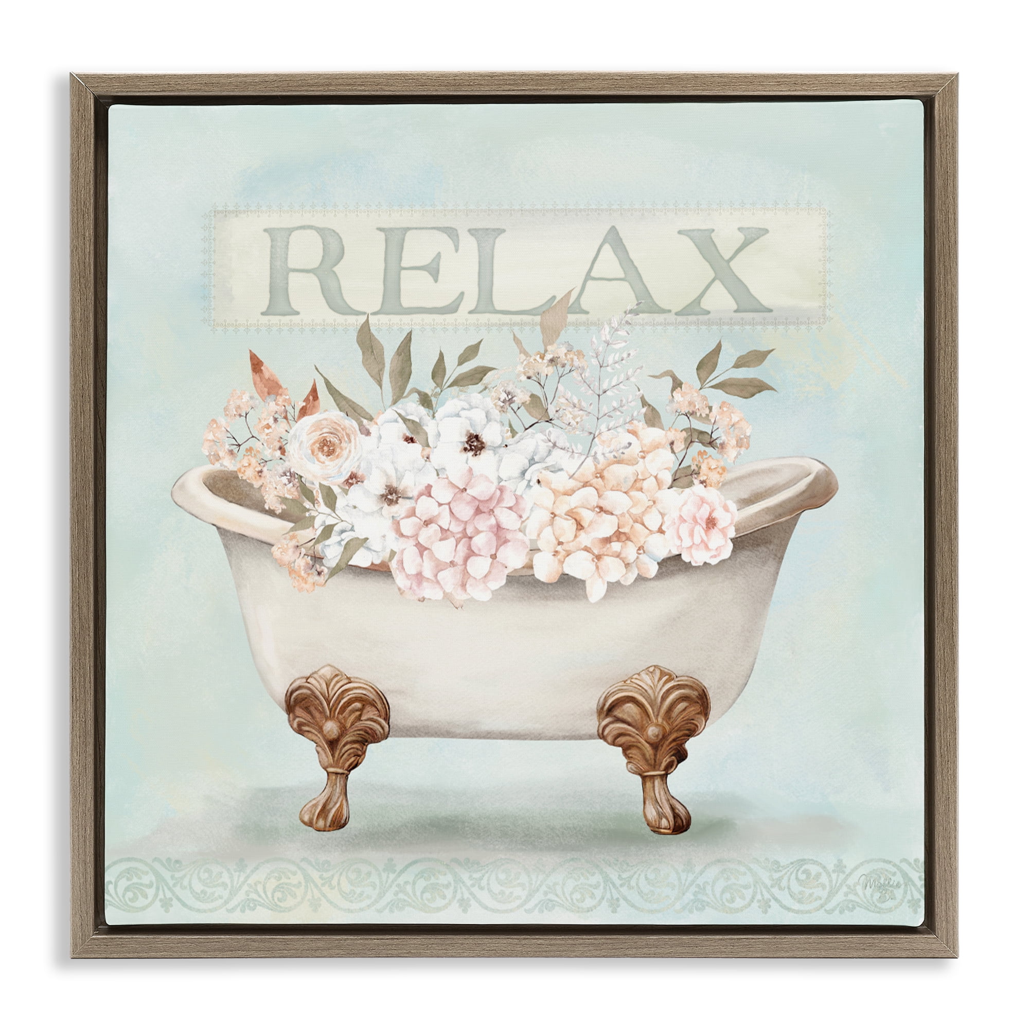 Stupell Industries Relax Floral Tub Brown Framed Floater Canvas Wall Art, design by Mollie B.
