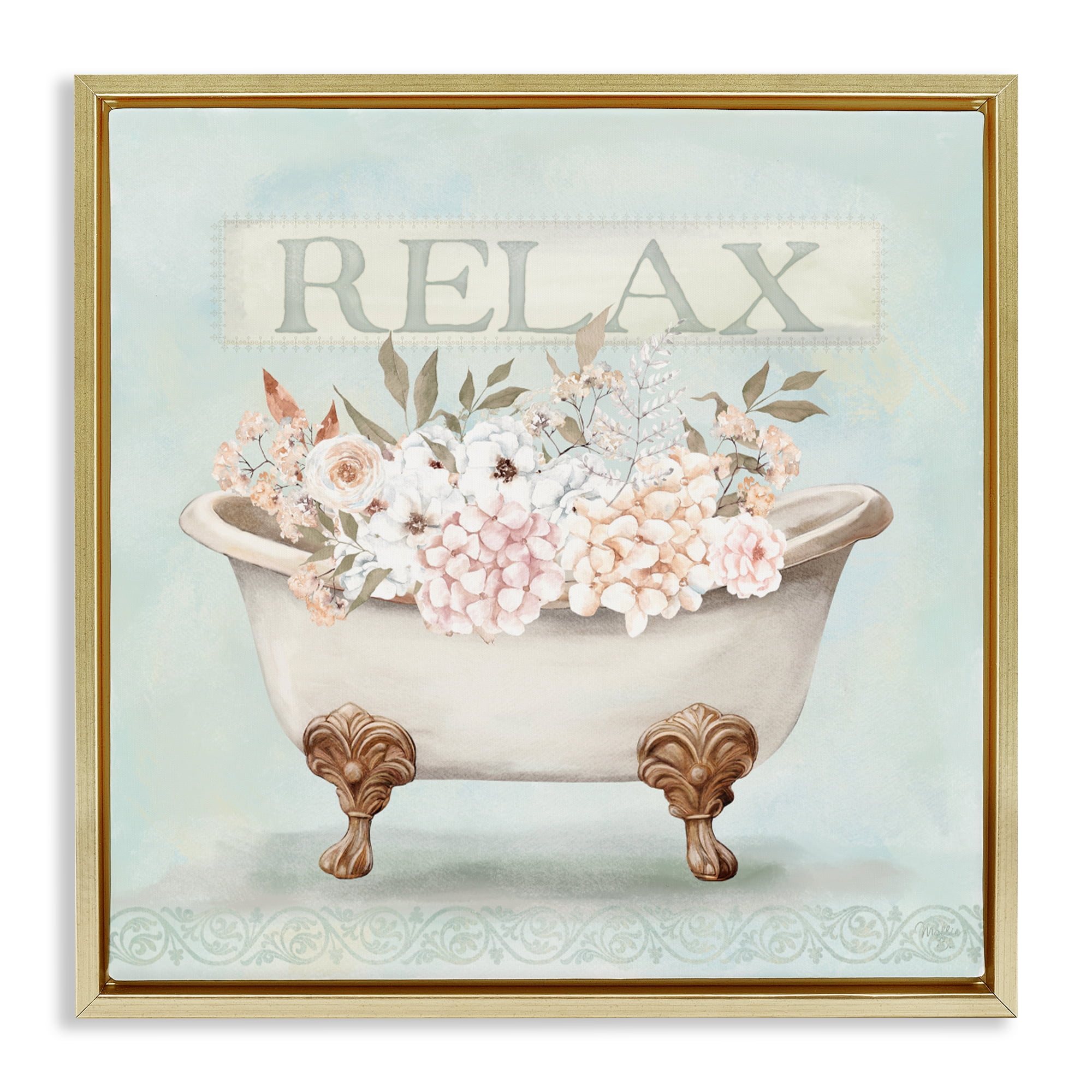 Stupell Industries Relax Floral Tub Gold Framed Floater Canvas Wall Art, design by Mollie B.