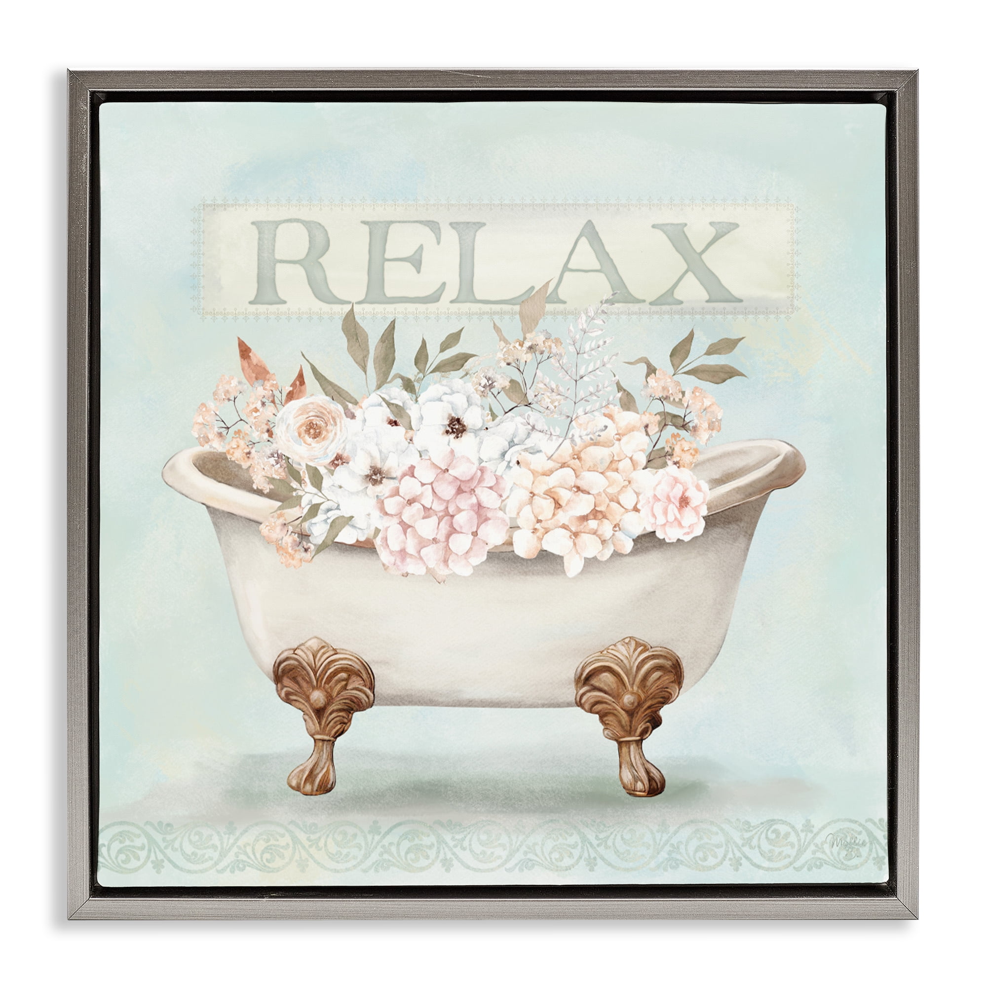 Stupell Industries Relax Floral Tub Gray Framed Floater Canvas Wall Art, design by Mollie B.