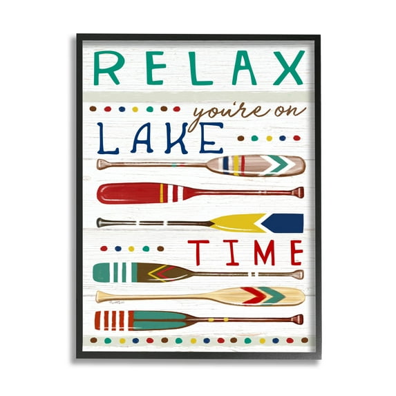 Stupell Industries Relax Lake Time Rustic Oars Graphic Art Black Framed Art Print Wall Art, Design by Elizabeth Tyndall