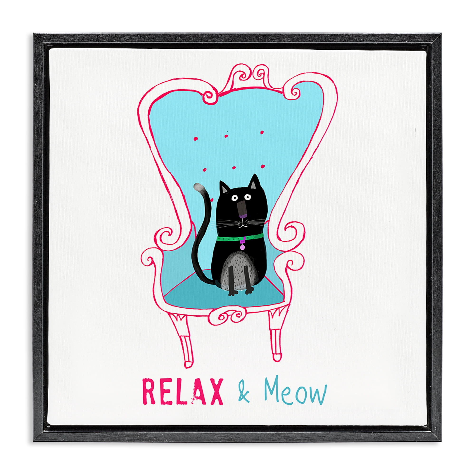 Stupell Industries Relax & Meow Cat Furniture Painting Black Floater Framed Canvas Art Print Wall Art, 18 x 18