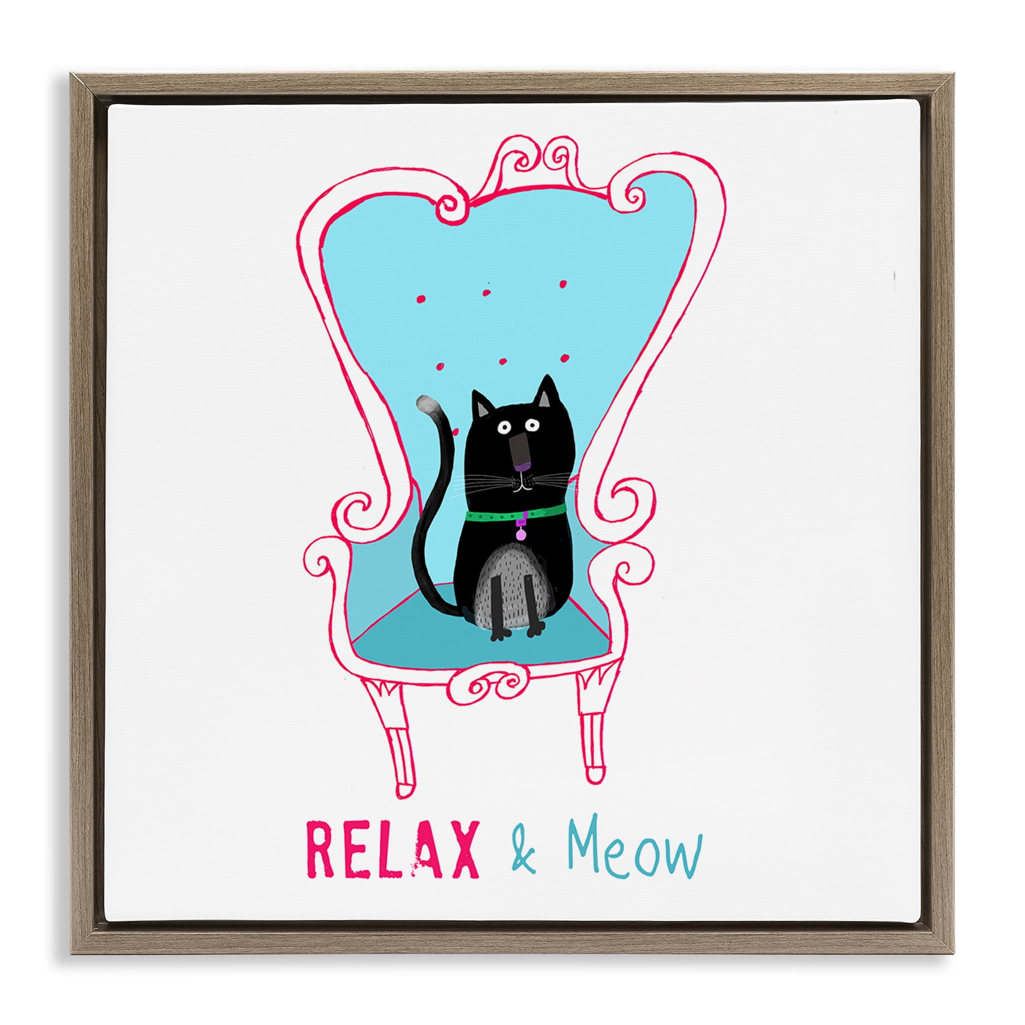 Stupell Industries Relax & Meow Cat Furniture Painting Brown Floater Framed Canvas Art Print Wall Art, 18 x 18