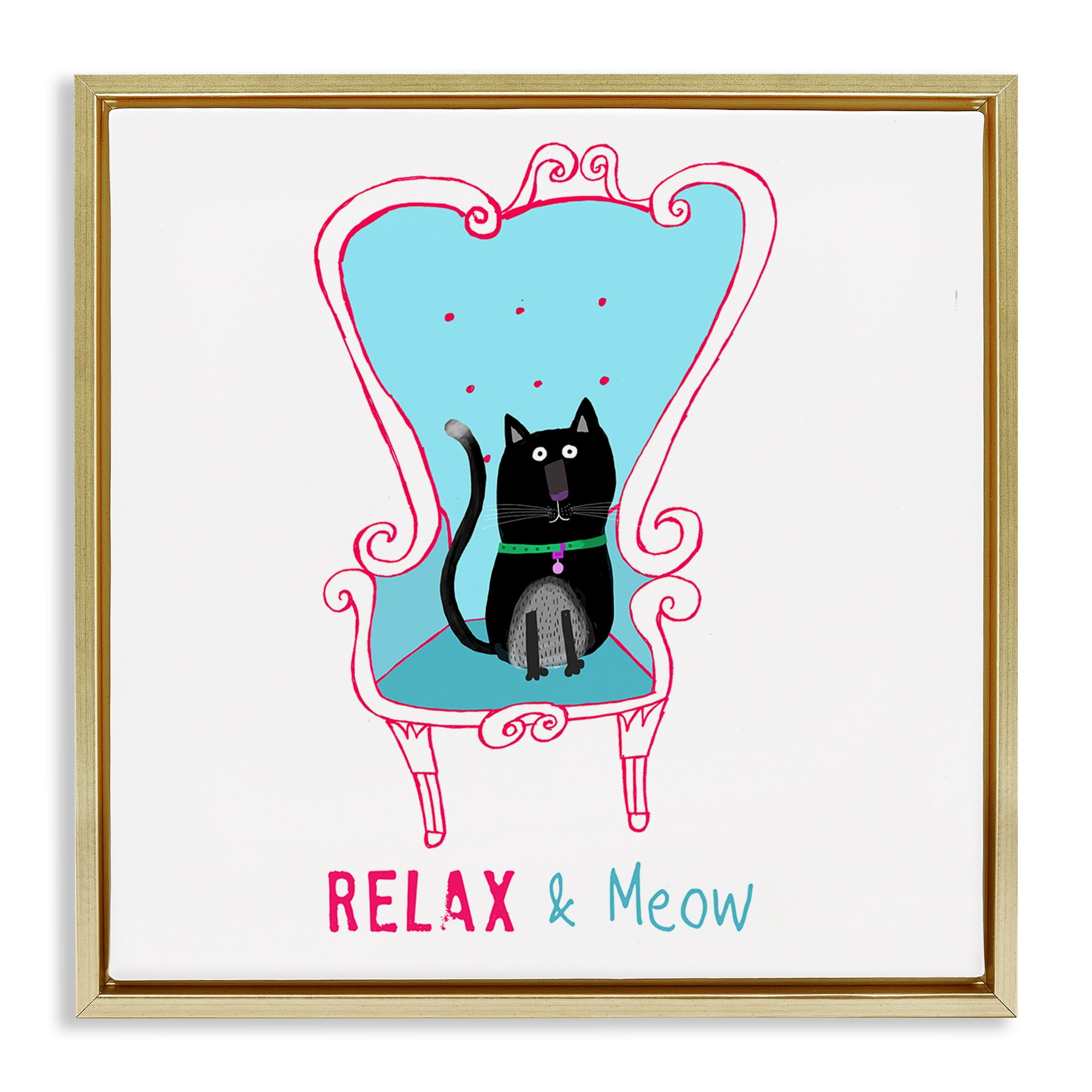 Stupell Industries Relax & Meow Cat Furniture Painting Gold Floater Framed Canvas Art Print Wall Art, 25 x 25
