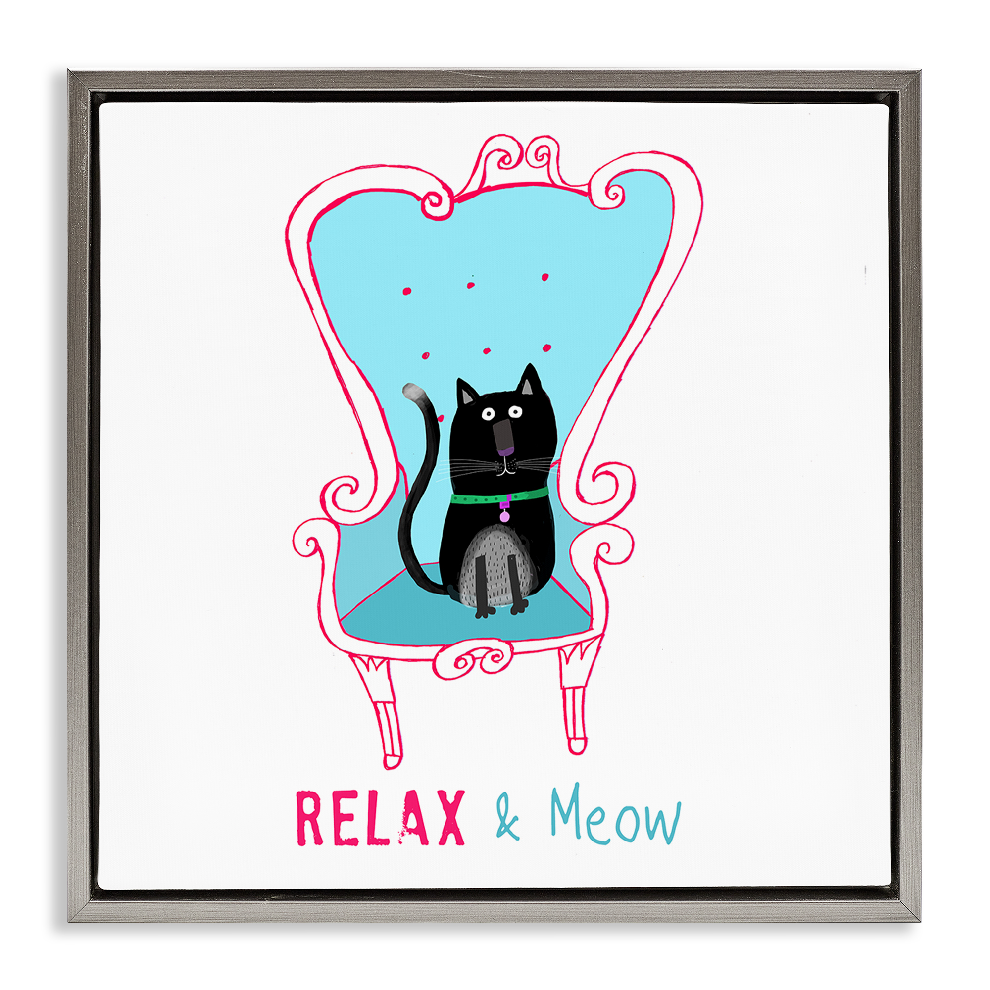 Stupell Industries Relax & Meow Cat Furniture Painting Gray Floater Framed Canvas Art Print Wall Art, 18 x 18