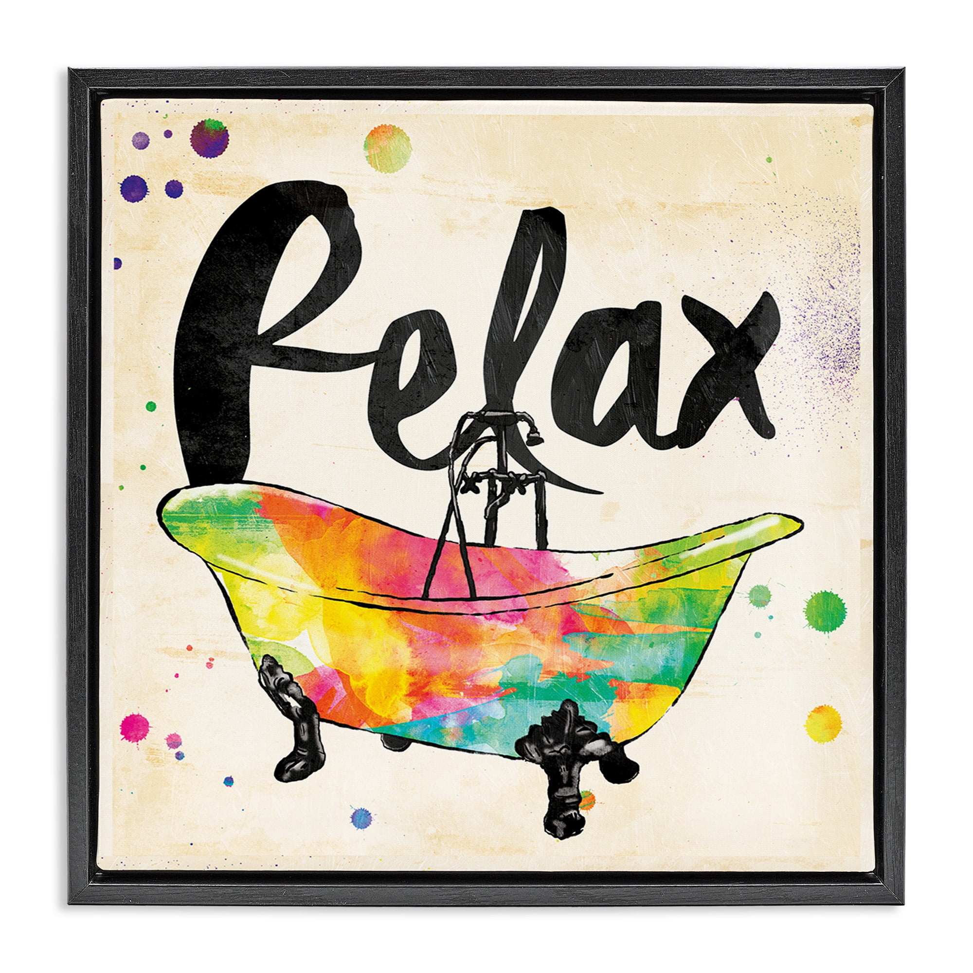 Stupell Industries Relax Rainbow Colors Icon Bath Typography Painting Black Floater Framed Canvas Art Print Wall Art, 18 x 18