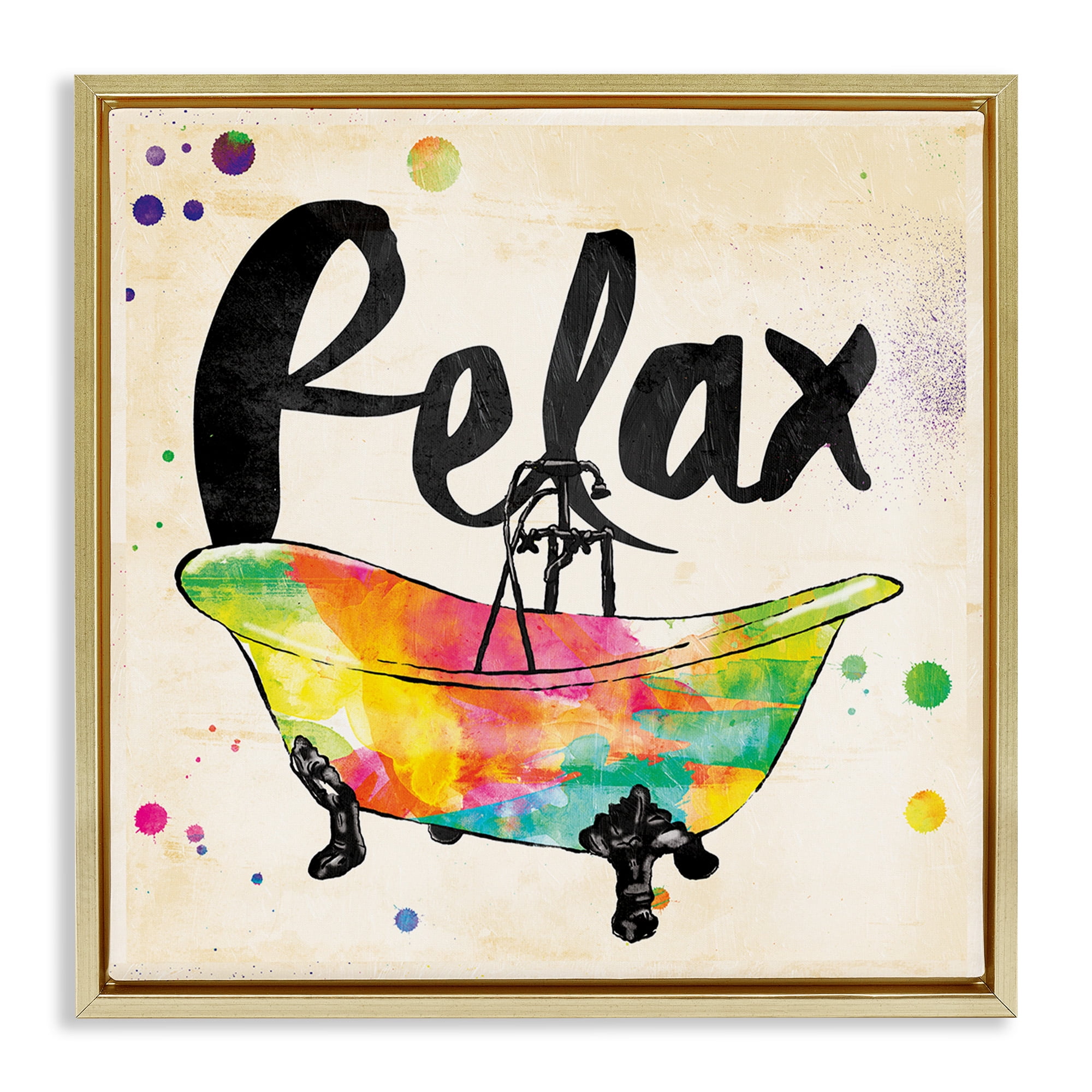 Stupell Industries Relax Rainbow Colors Icon Bath Typography Painting Gold Floater Framed Canvas Art Print Wall Art, 25 x 25