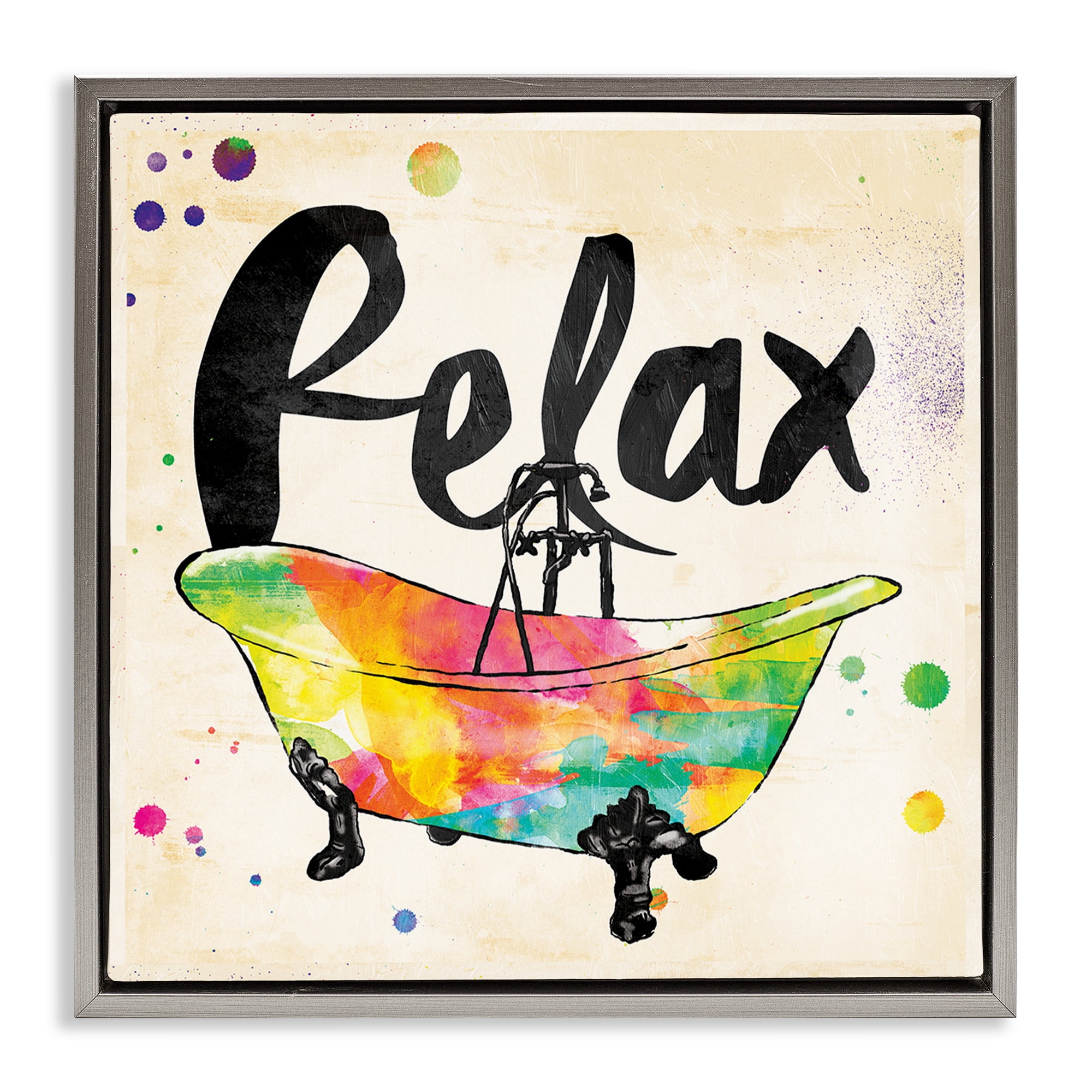 Stupell Industries Relax Rainbow Colors Icon Bath Typography Painting Gray Floater Framed Canvas Art Print Wall Art, 25 x 25