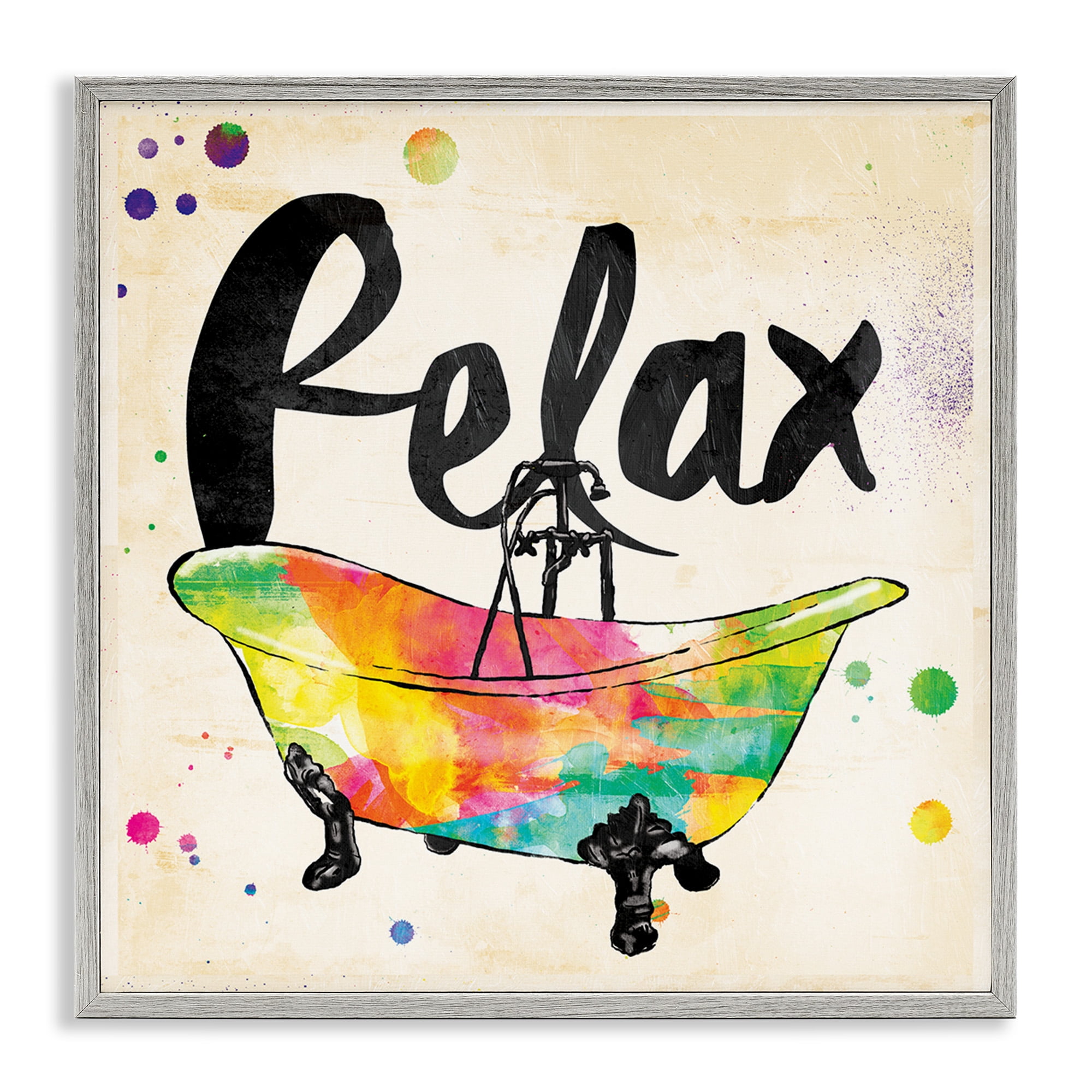 Stupell Industries Relax Rainbow Colors Icon Bath Typography Painting Gray Framed Art Print Wall Art, 17 x 17