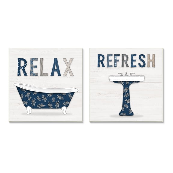 Stupell Industries Relax Refresh Bathroom Phrases Blue Palm Pattern Text, 12 x 12, Design by Natalie Carpentieri