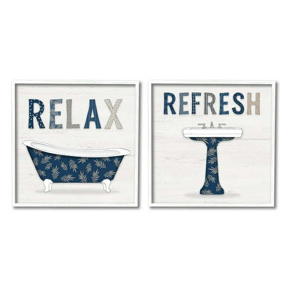 Stupell Industries Relax Refresh Bathroom Phrases Blue Palm Pattern Text, 24 x 24, Design by Natalie Carpentieri