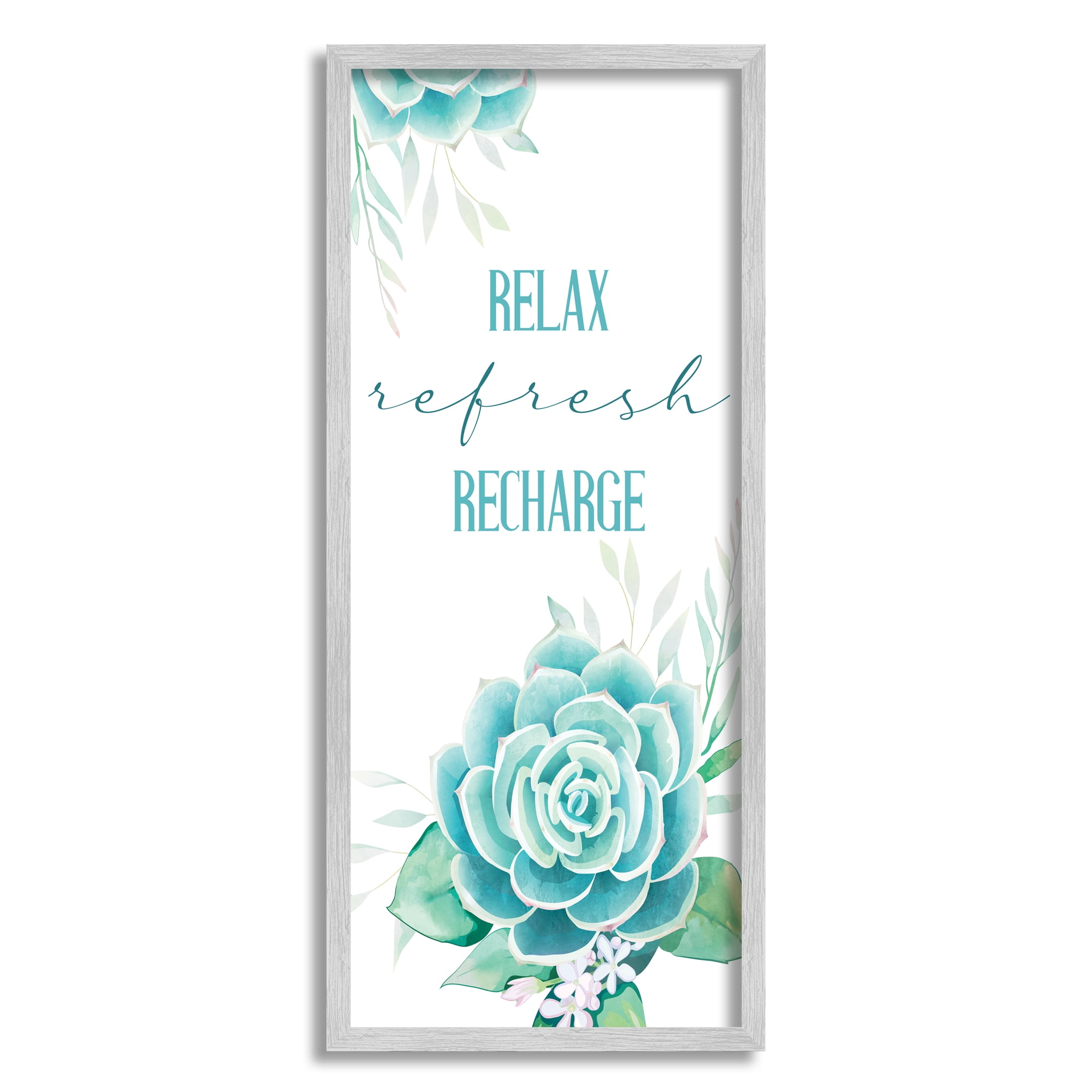 Stupell Industries Relax Refresh Recharge Turquoise Blooming Floral Succulent Country Painting Gray Framed Art Print Wall Art, 13 x 30, Design by Kim Allen