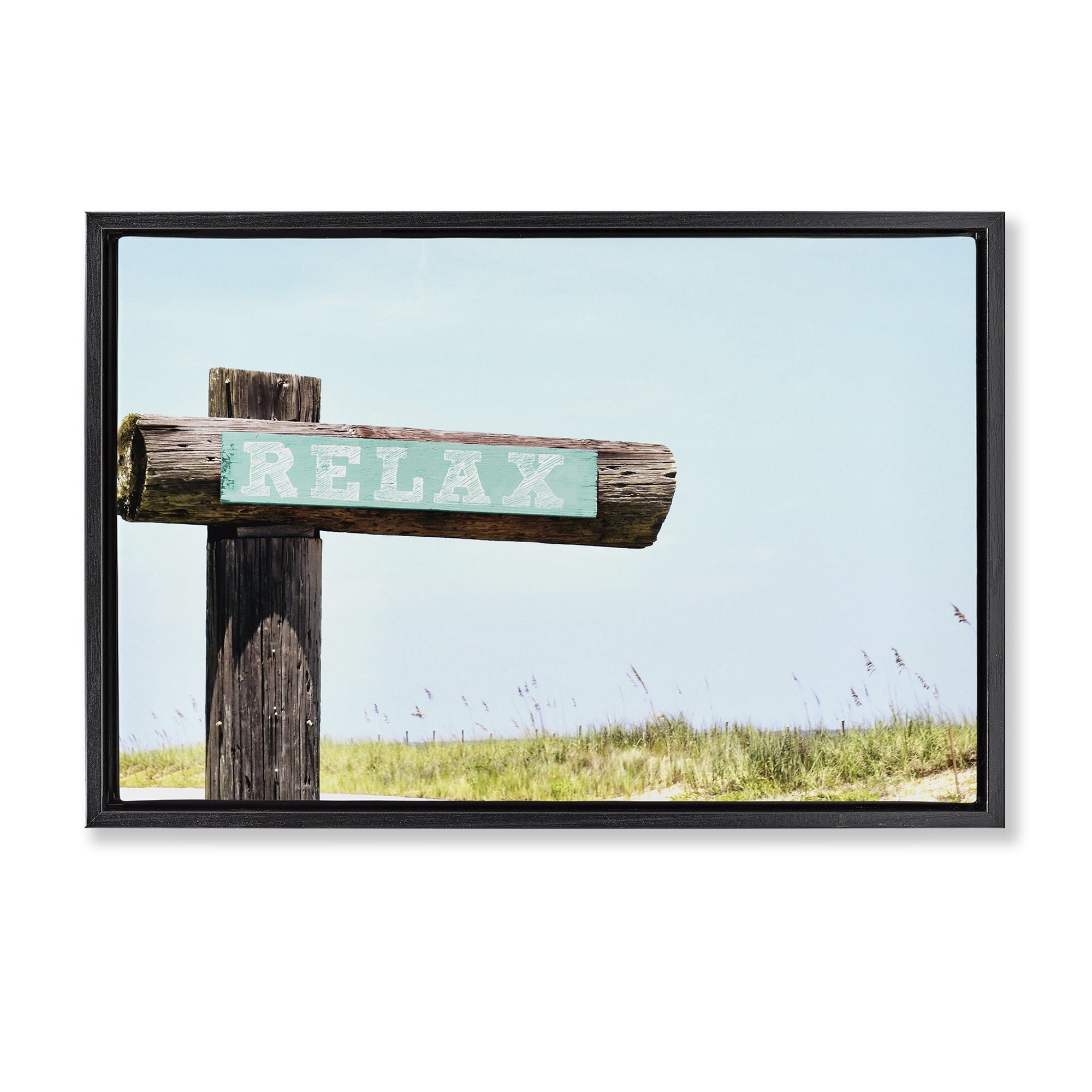 Stupell Industries Relax Sign on Beach Landscape Photography Black Floater Framed Canvas Art Print Wall Art, 25 x 17