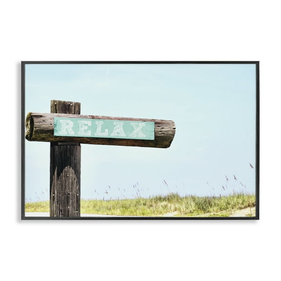 Stupell Industries Relax Sign on Beach Landscape Photography Black Framed Art Print Wall Art, 18 x 12