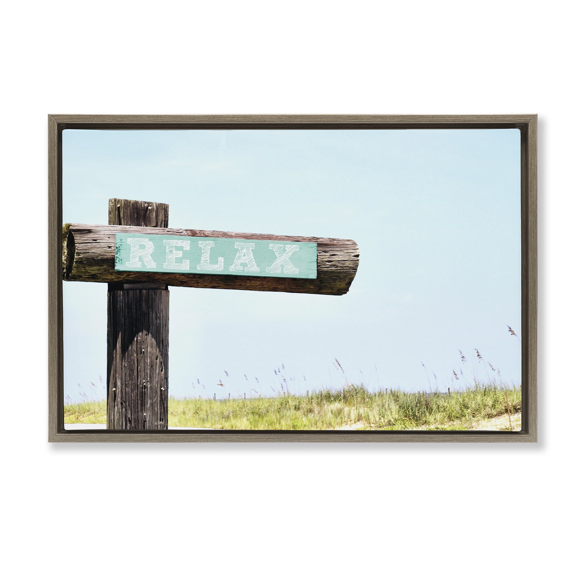 Stupell Industries Relax Sign on Beach Landscape Photography Brown Floater Framed Canvas Art Print Wall Art, 25 x 17