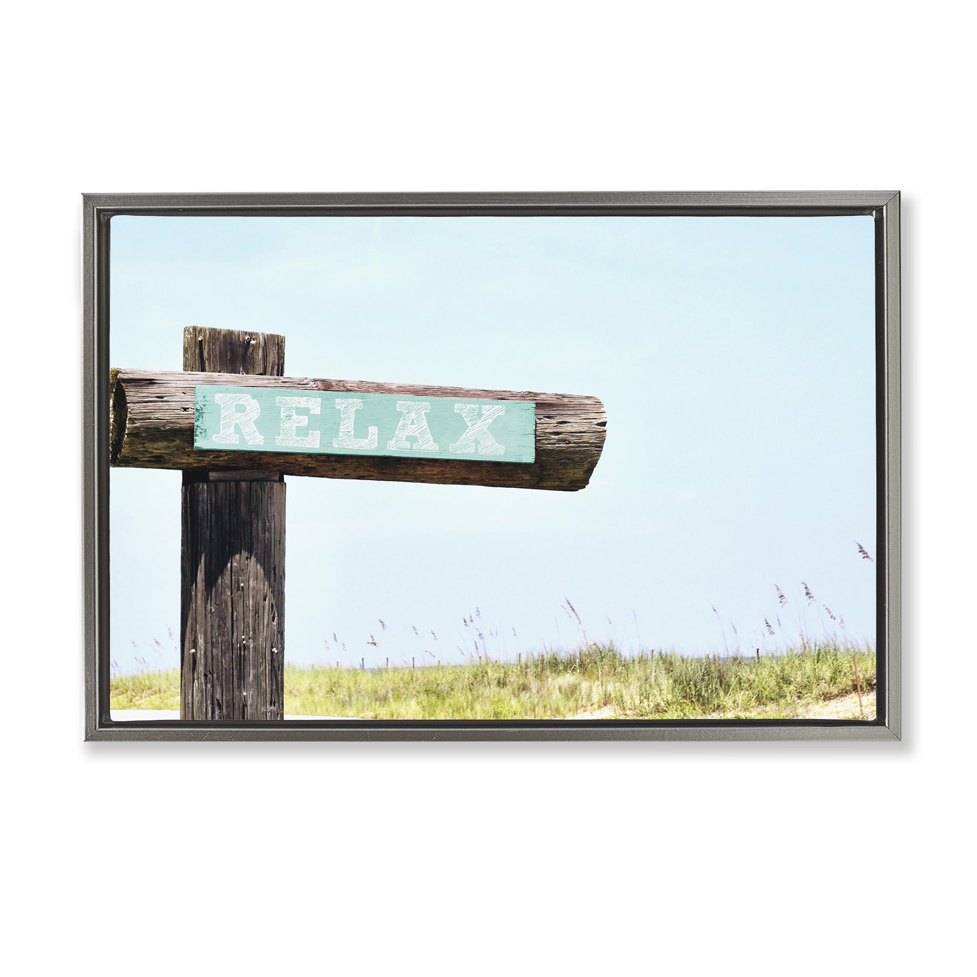 Stupell Industries Relax Sign on Beach Landscape Photography Gray Floater Framed Canvas Art Print Wall Art, 25 x 17