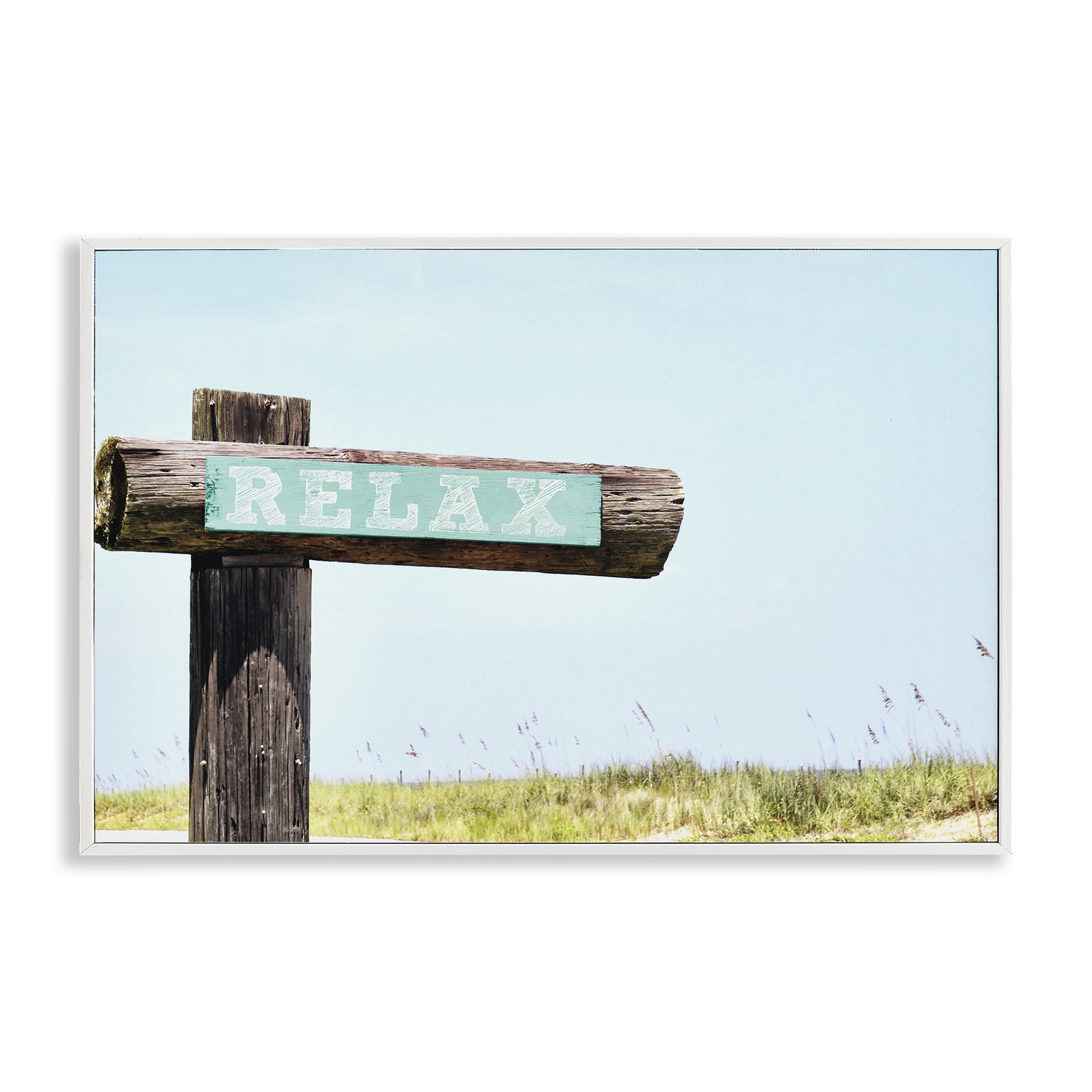 Stupell Industries Relax Sign on Beach Landscape Photography White Framed Art Print Wall Art, 24 x 16