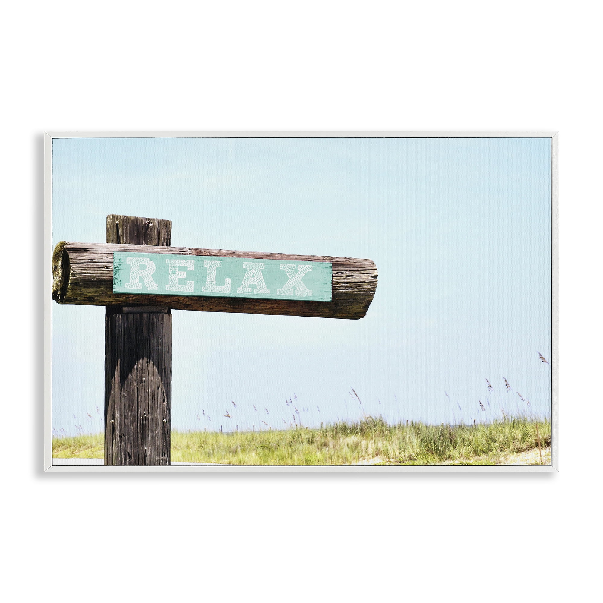 Stupell Industries Relax Sign on Beach Landscape Photography White Framed Art Print Wall Art, 30 x 20