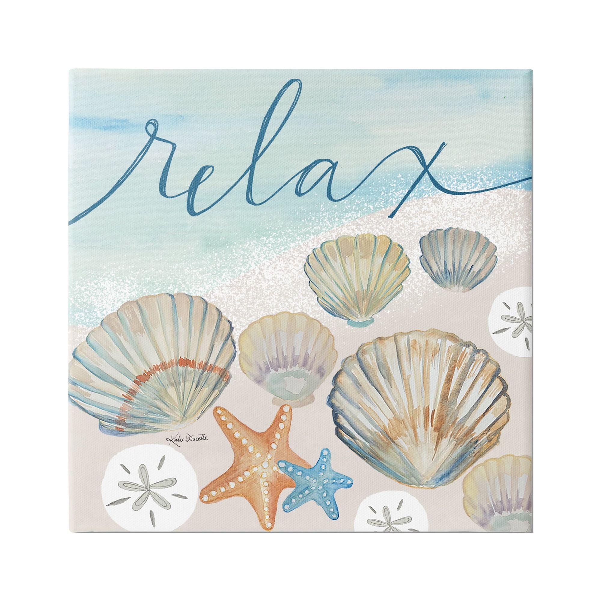 Stupell Industries Relax Text Seaside Clams Beach Shore Theme Canvas Wall Art, 30 x 30, Design by Katie Doucette
