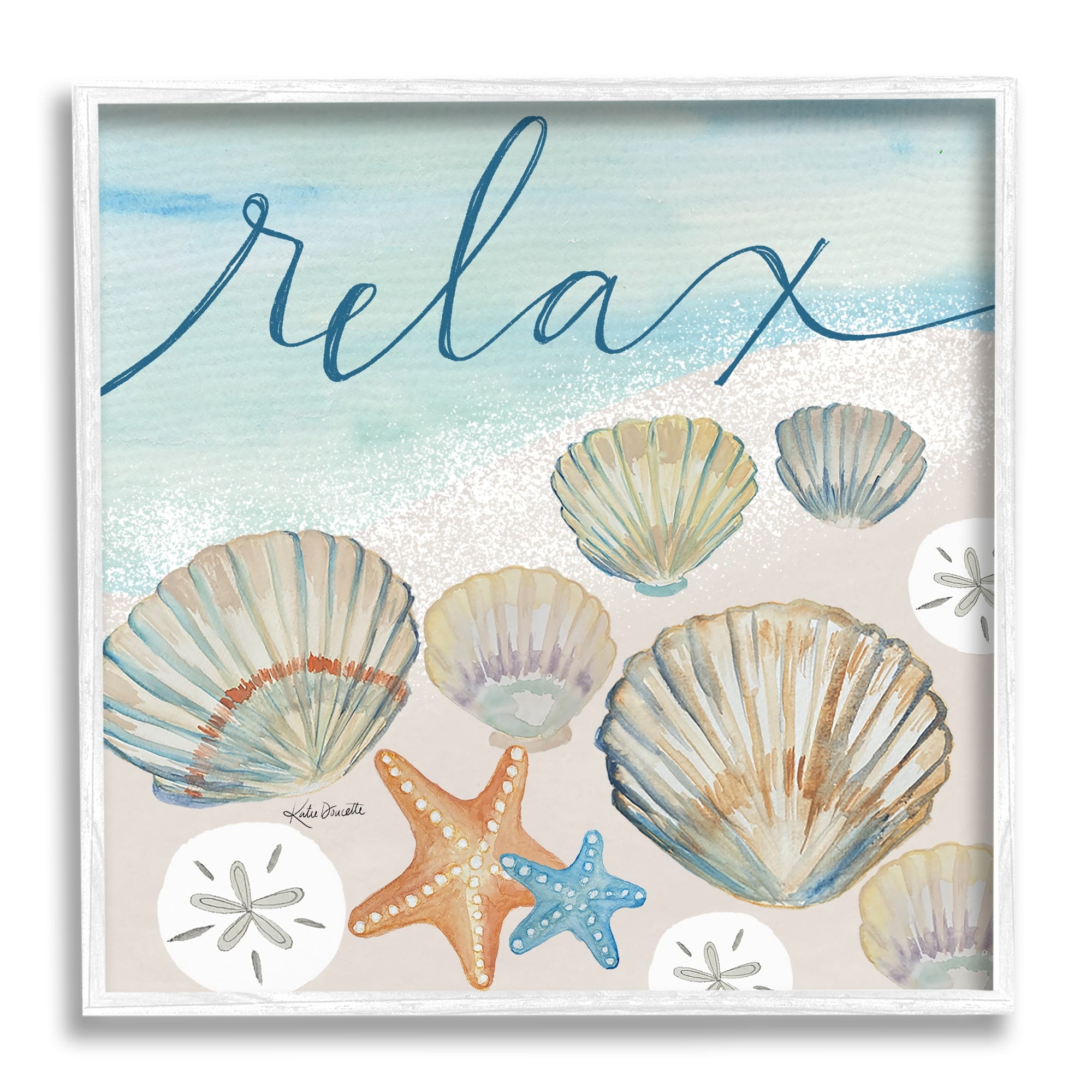Stupell Industries Relax Text Seaside Clams Beach Shore Theme Framed Wall Art, 12 x 12, Design by Katie Doucette