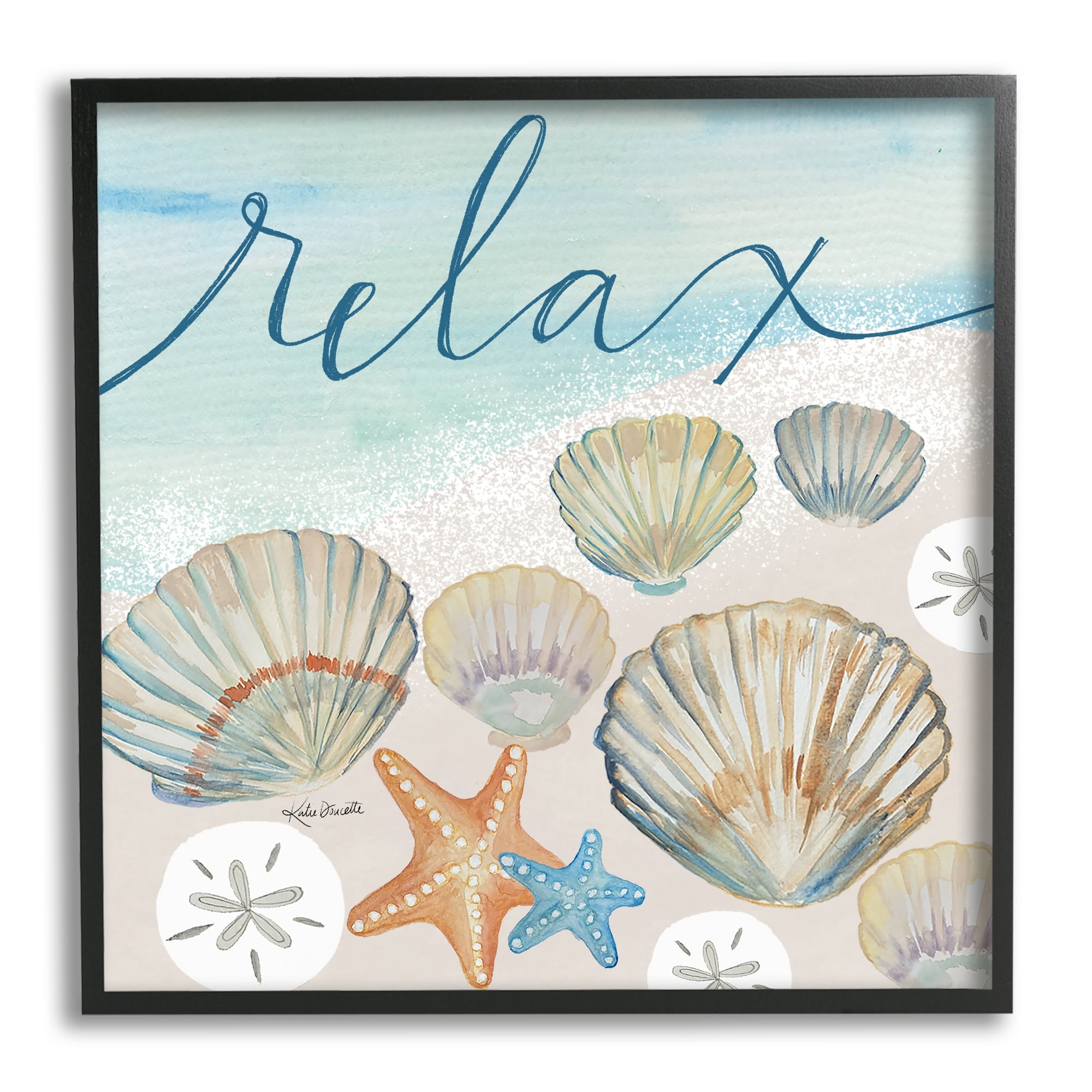 Relax Text Seaside Clams Beach Shore Theme Canvas Print with Black Frame
