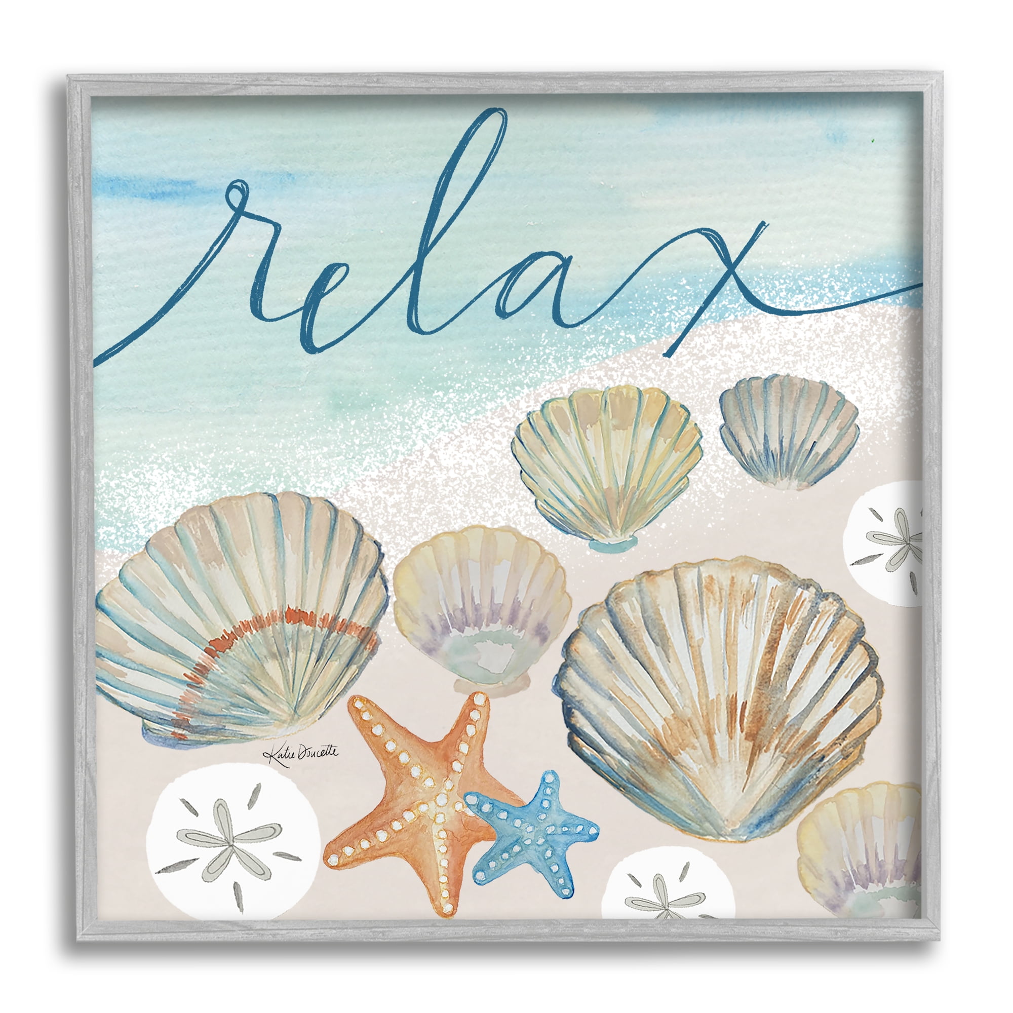 Stupell Industries Relax Text Seaside Clams Beach Shore Theme Framed Wall Art, 17 x 17, Design by Katie Doucette