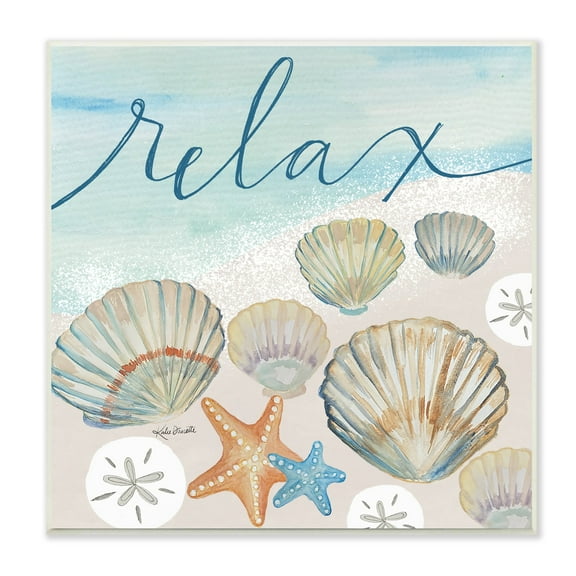 Stupell Industries Relax Text Seaside Clams Beach Shore Theme Wood Wall Art, 12 x 12, Design by Katie Doucette