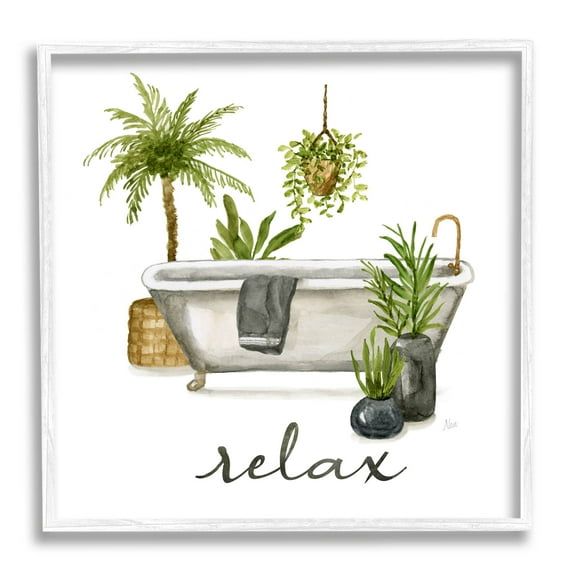 Stupell Industries Relax Tub Plants Arrangement Graphic Art White Framed Art Print Wall Art, Design by Nan