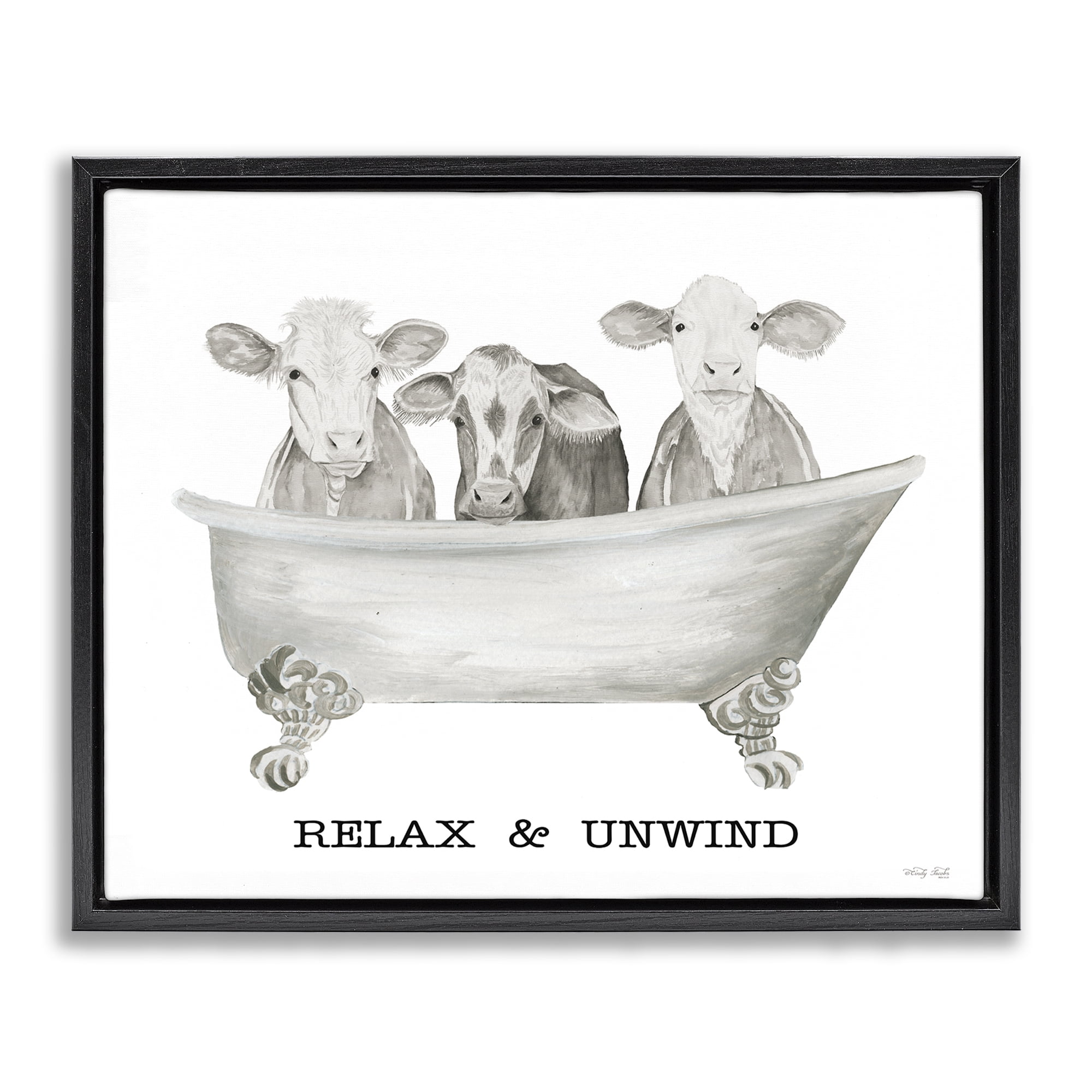 Stupell Industries Relax Unwind Cow Tub Bath & Laundry Painting Black Floater Framed Canvas Art Print Wall Art, 21 x 17