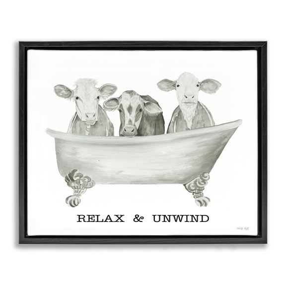 Stupell Industries Relax Unwind Cow Tub Bath & Laundry Painting Black Floater Framed Canvas Art Print Wall Art, 21 x 17
