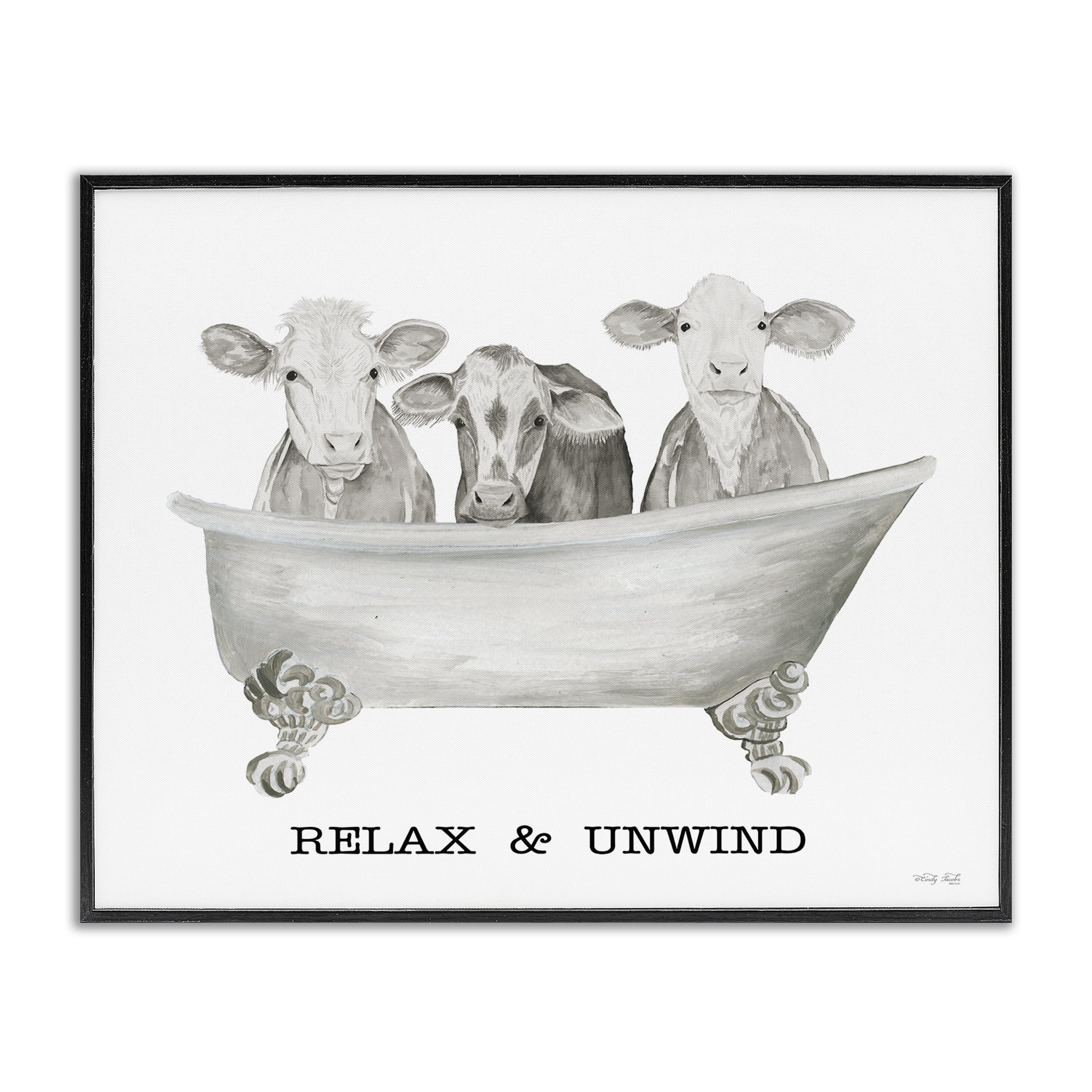 Stupell Industries Relax Unwind Cow Tub Bath & Laundry Painting Black Framed Art Print Wall Art, 20 x 16