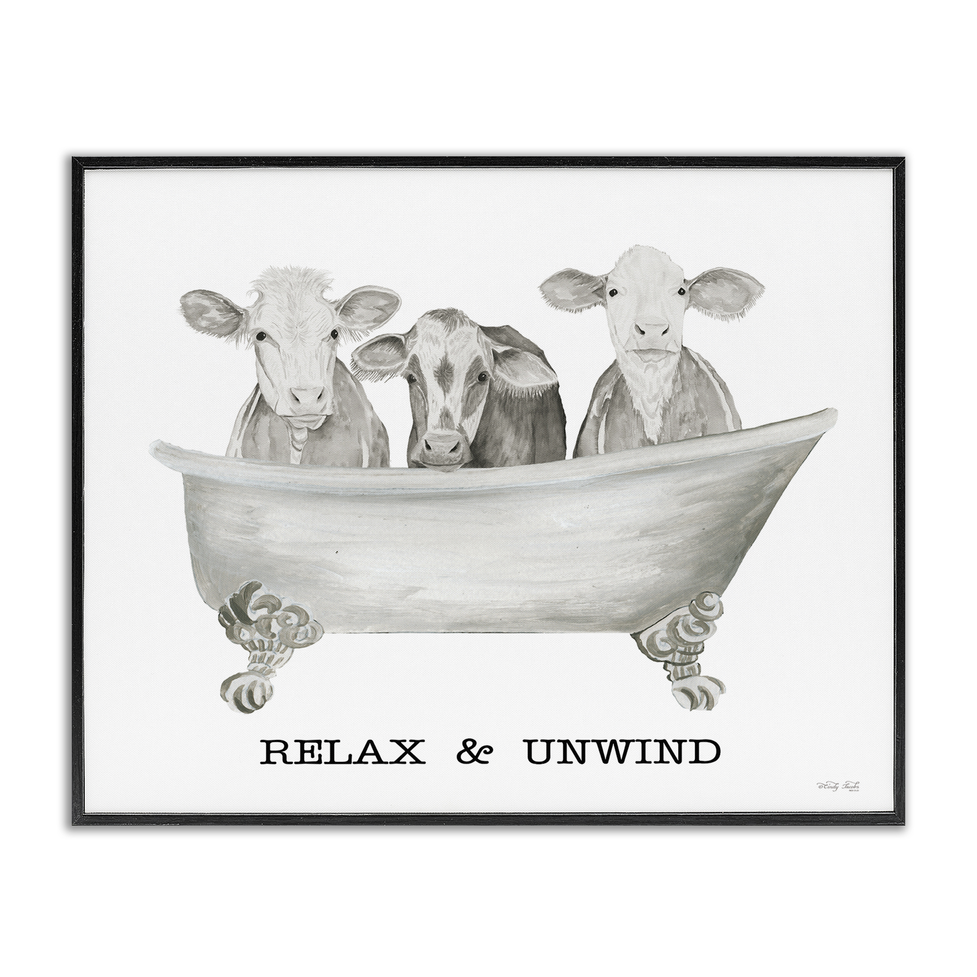 Stupell Industries Relax Unwind Cow Tub Bath & Laundry Painting Black Framed Art Print Wall Art, 30 x 24