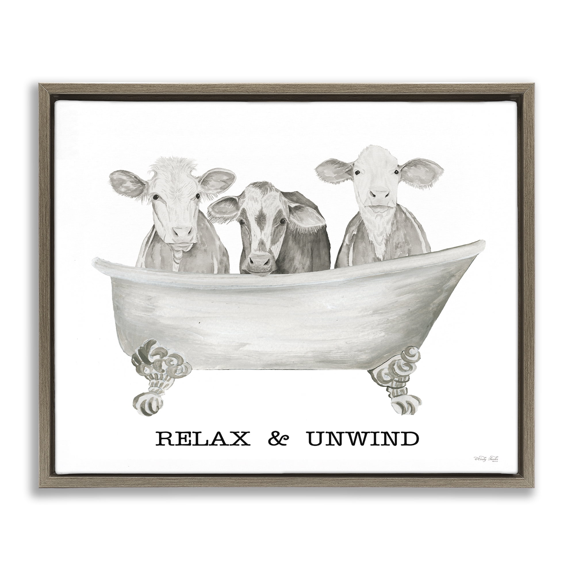 Stupell Industries Relax Unwind Cow Tub Bath & Laundry Painting Brown Floater Framed Canvas Art Print Wall Art, 21 x 17
