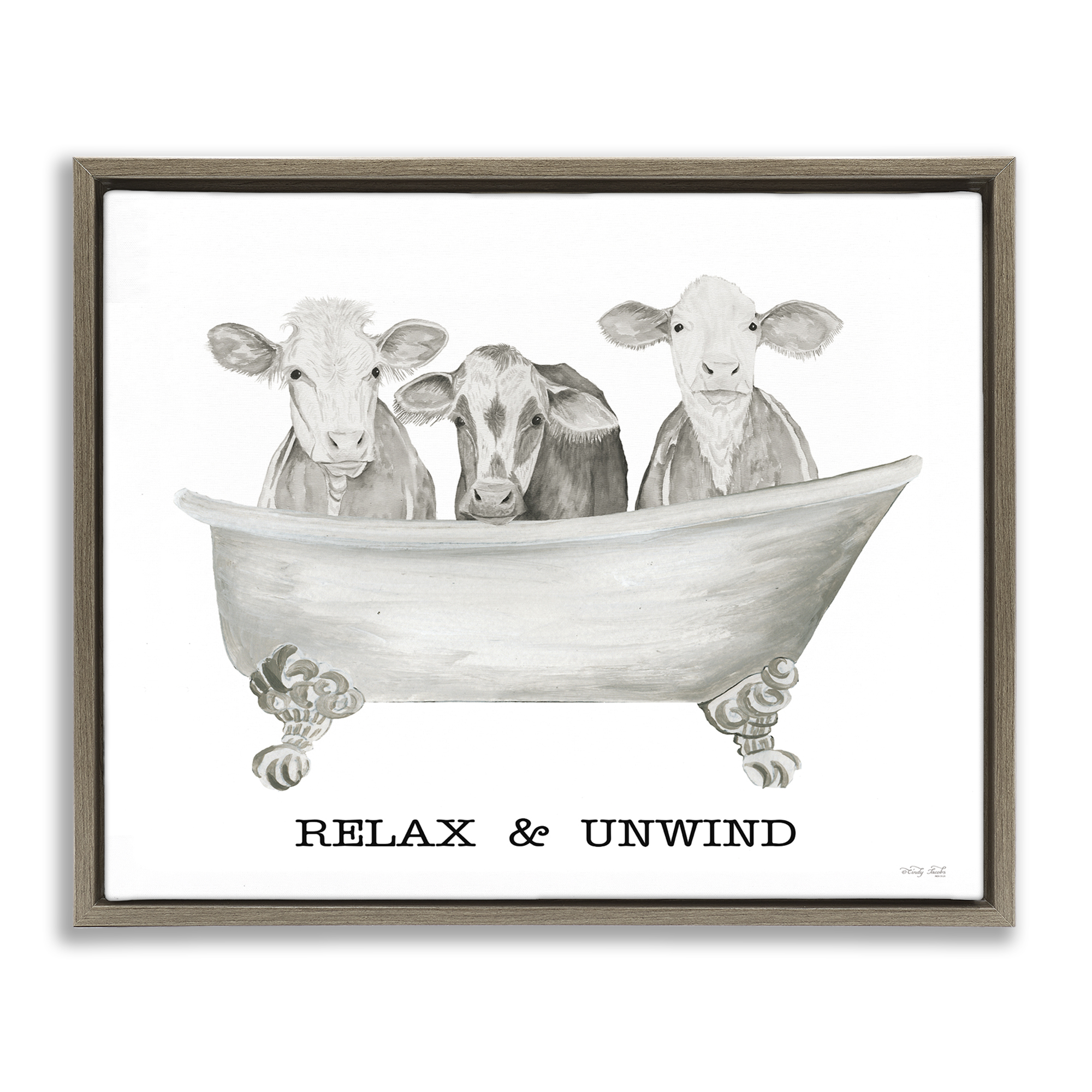 Stupell Industries Relax Unwind Cow Tub Bath & Laundry Painting Brown Floater Framed Canvas Art Print Wall Art, 31 x 25