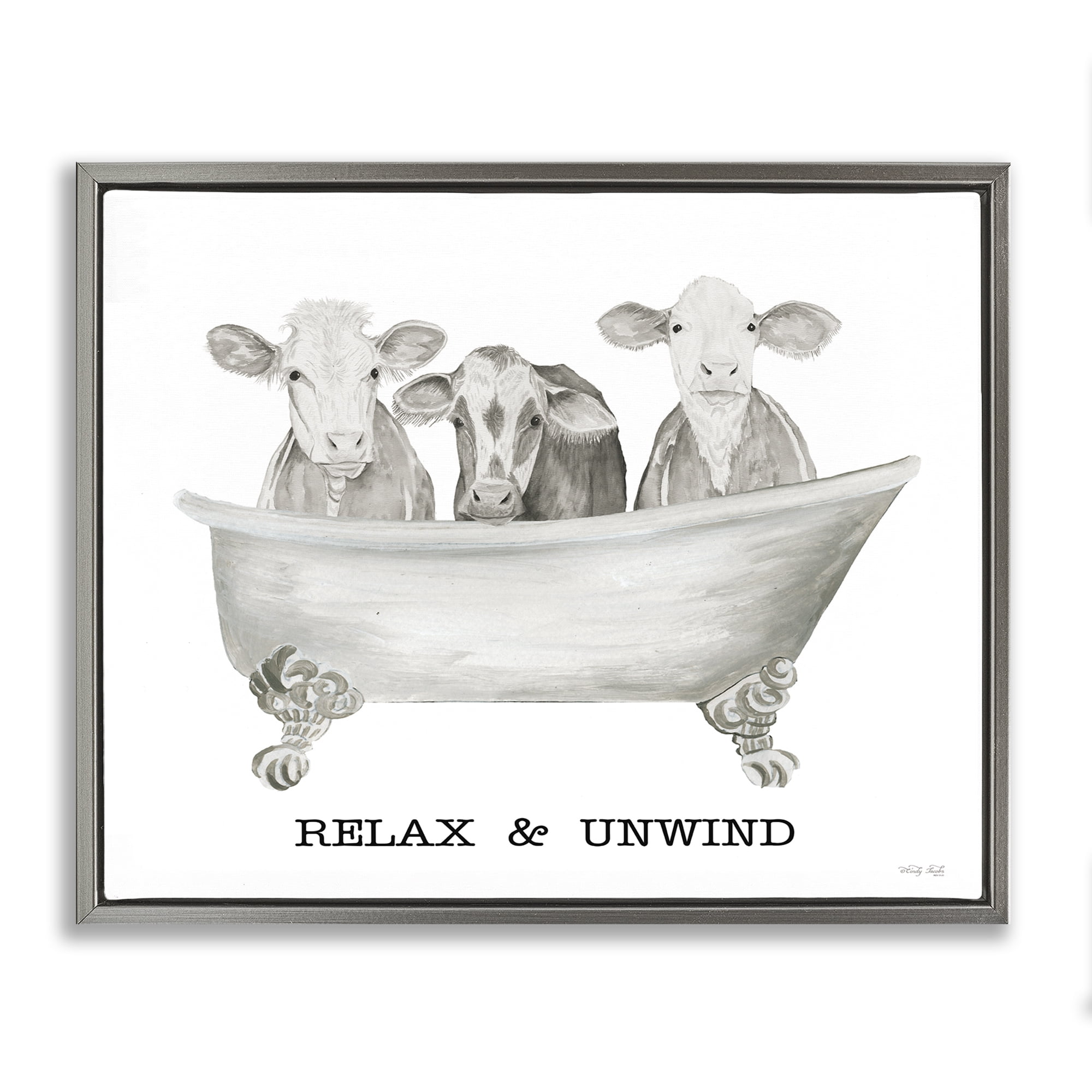Stupell Industries Relax Unwind Cow Tub Bath & Laundry Painting Gray Floater Framed Canvas Art Print Wall Art, 21 x 17