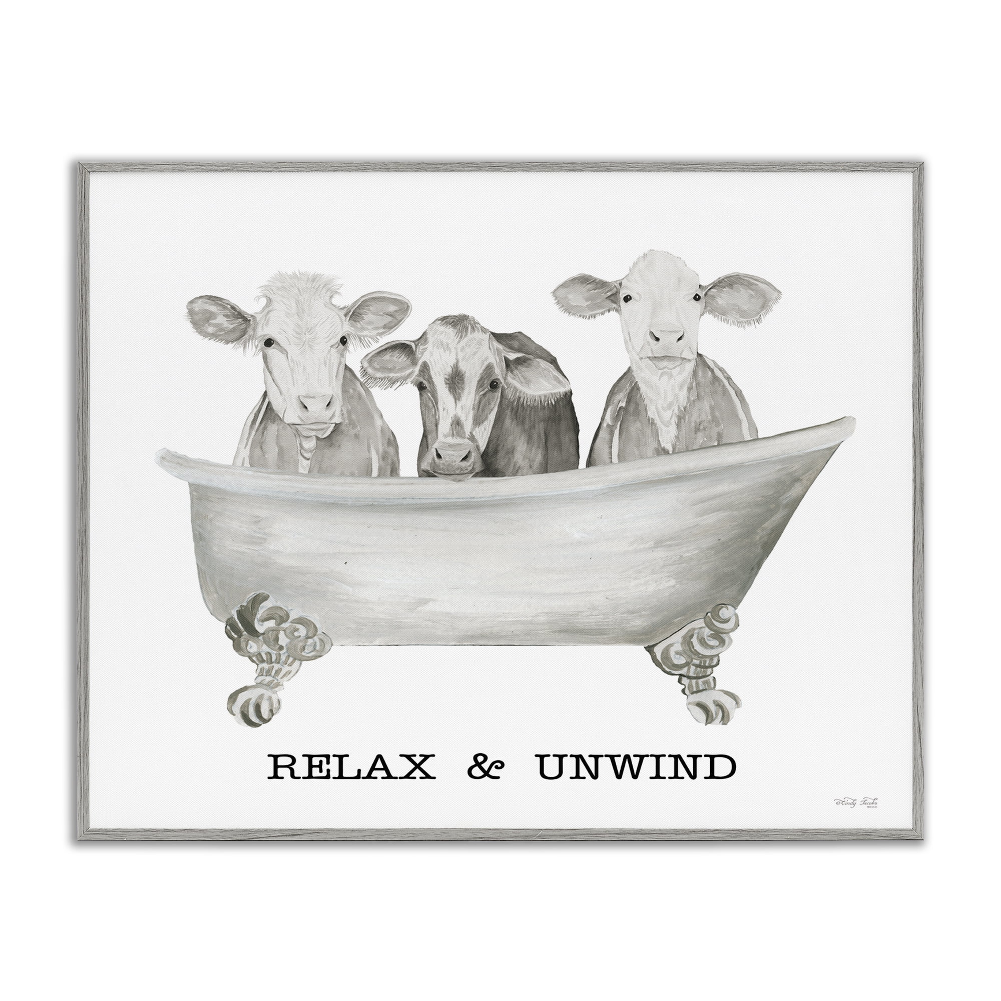 Stupell Industries Relax Unwind Cow Tub Bath & Laundry Painting Gray Framed Art Print Wall Art, 14 x 11
