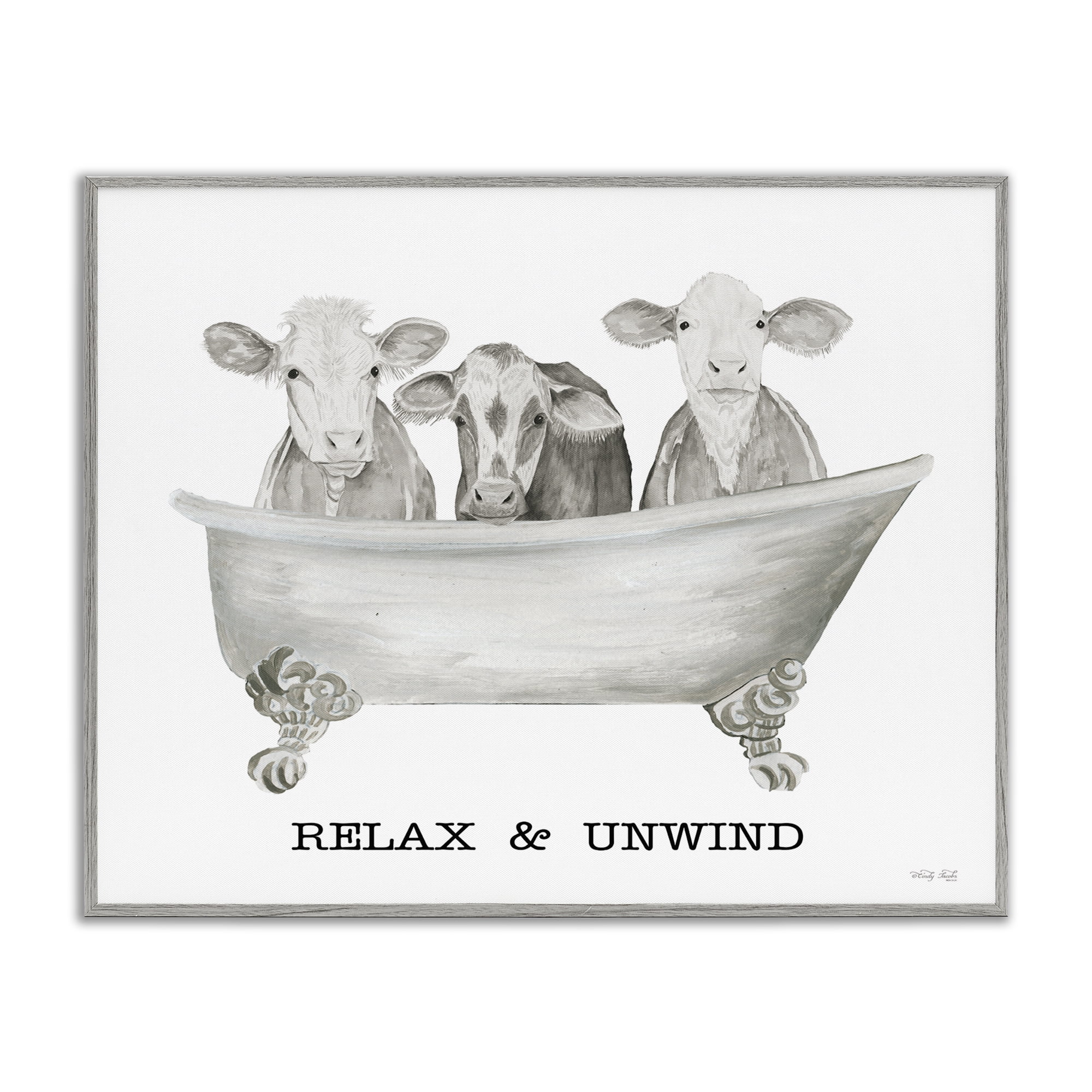 Stupell Industries Relax Unwind Cow Tub Bath & Laundry Painting Gray Framed Art Print Wall Art, 20 x 16