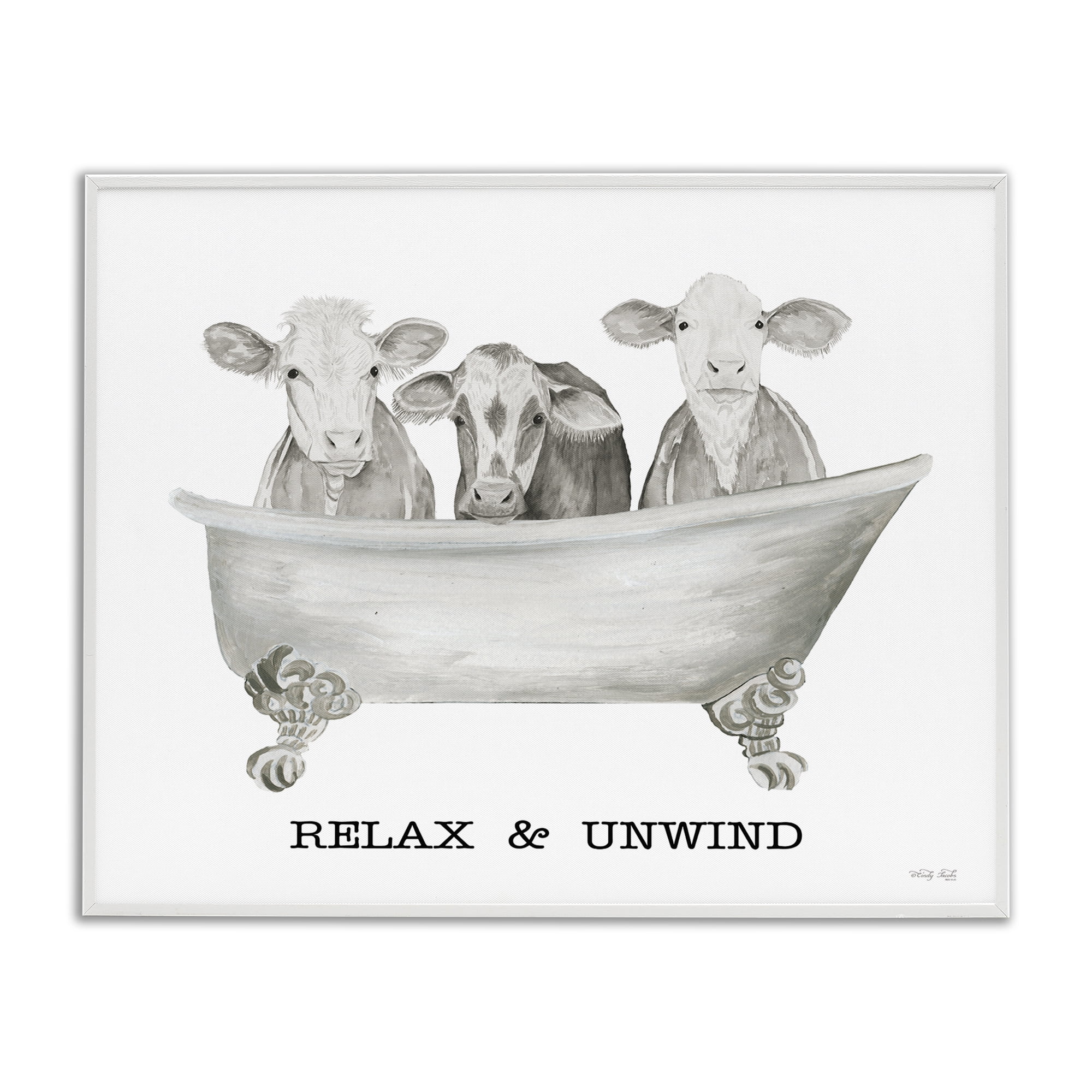 Stupell Industries Relax Unwind Cow Tub Bath & Laundry Painting White Framed Art Print Wall Art, 14 x 11