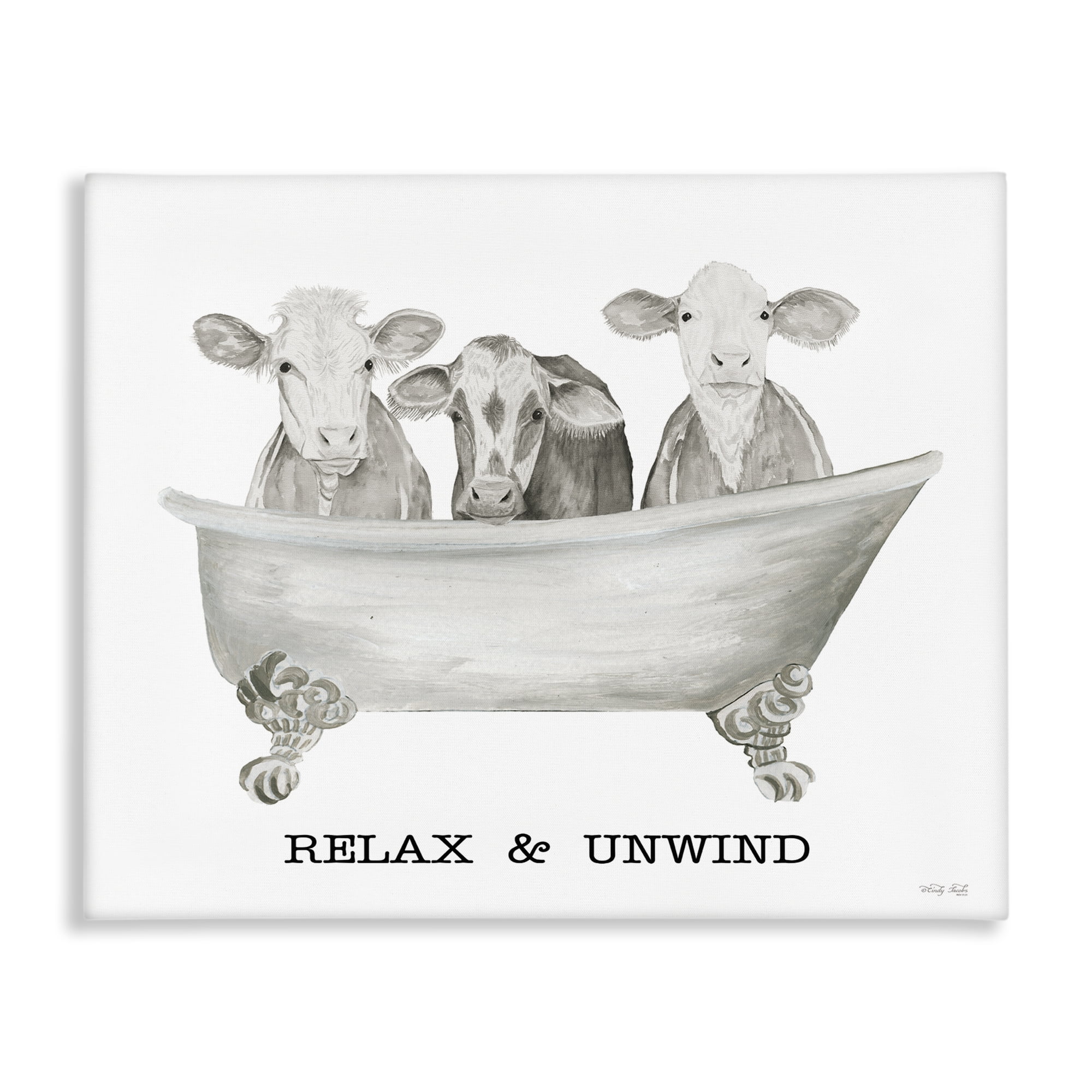 Stupell Industries Relax Unwind Cow Tub Bath & Laundry Painting Wrapped Canvas Art Print Wall Art, 40 x 30
