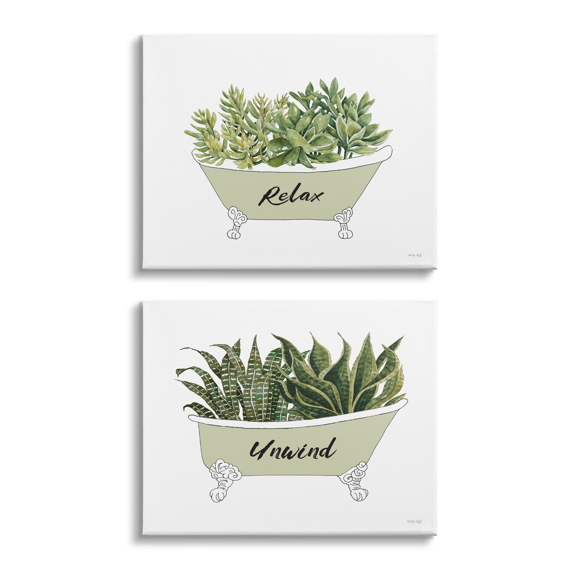 Stupell Industries Relax Unwind House Plants Succulents Clawfoot Bathtub Graphic Art Gallery Wrapped Canvas Print Wall Art, Set of 2, Design by Cindy Jacobs