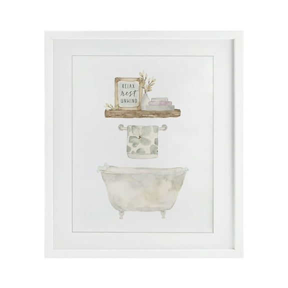 Stupell Industries Relax Unwind Minimal Bath White Framed Print Under Glass design by Blue Chair Blessing, 16 x 13